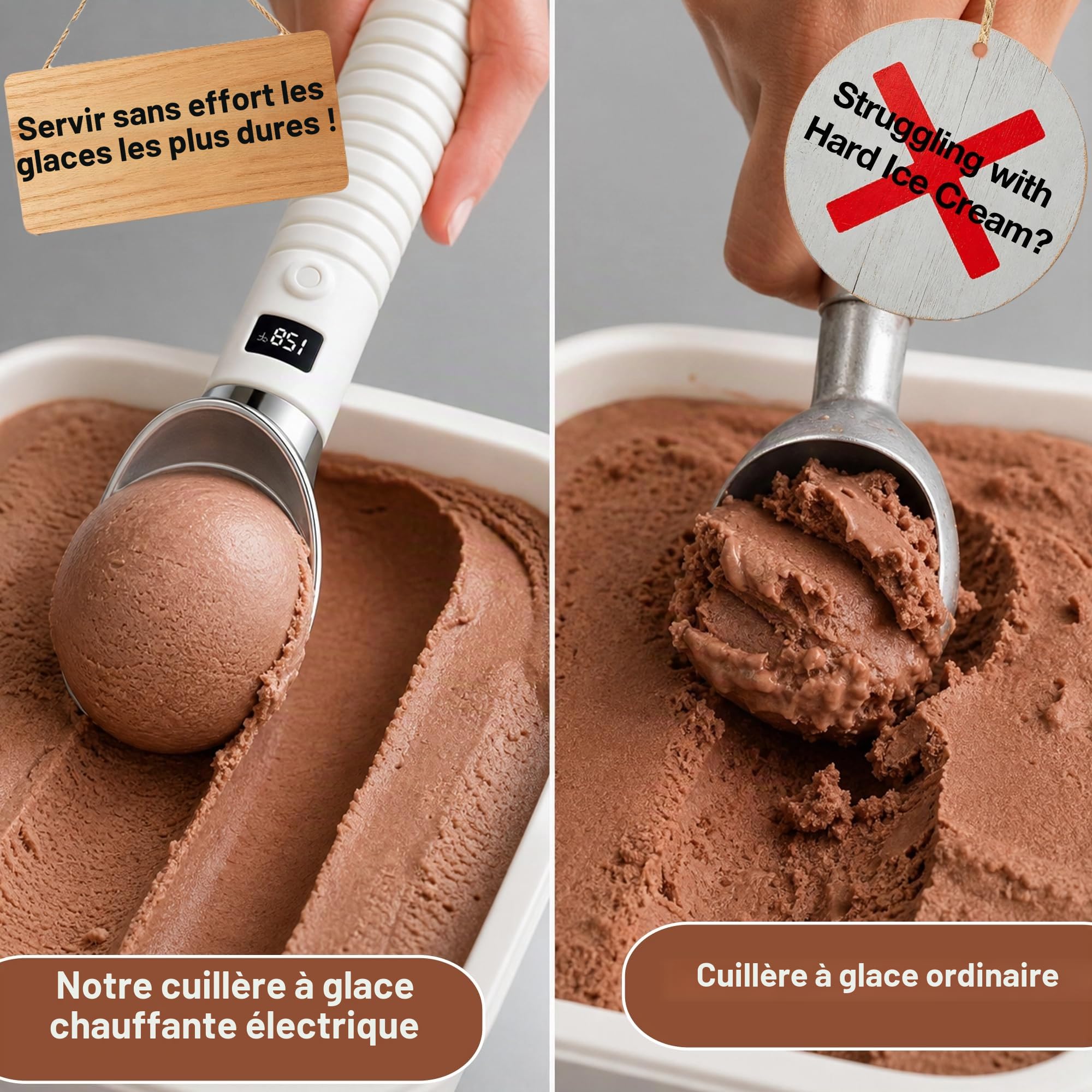 Cuillère à Glace Chauffante Rechargeable Écran LED Alliage Zinc | 2 niveaux de température, étanche IP67, alliage zinc alimentaire, charge USB-C, arrêt auto, adapté glace sorbet yaourt glacé