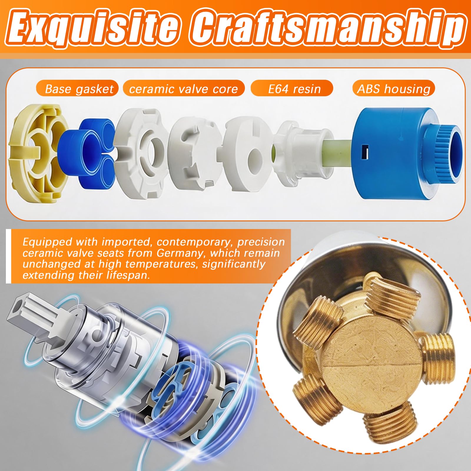Miscelatore Doccia, Valvola Deviatrice per Doccia a 5 Vie con Interfaccia Filettata G 1/2 Pollice e Inserto Valvola in Ceramica Miscelatore Acqua Fredda e Calda in Due Parti con 30 cm Tubo Dell'acqua