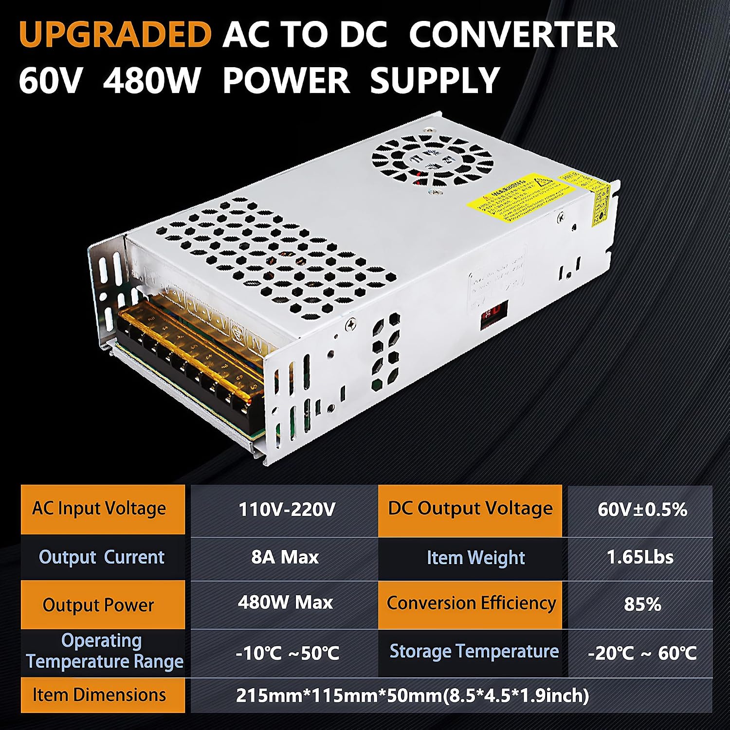DC 60V 8A 480W Power Supply AC to DC Converter 110V to 60V Power Adapter 60V Transformer Designed for LED Light Car Stereo Automotive Electronics Industrial Equipment (60V-8A-480W, 60V)