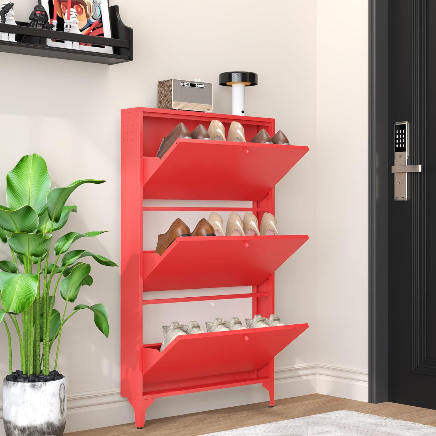 Shoe Cabinet with 3 Flip Drawers, Narrow Slim Hidden Shoe Storage Organizer Cabinet, 47.24'' Tall Shoes Rack Organizer Cabinet for Entryway, Hallway, Front Door, Red