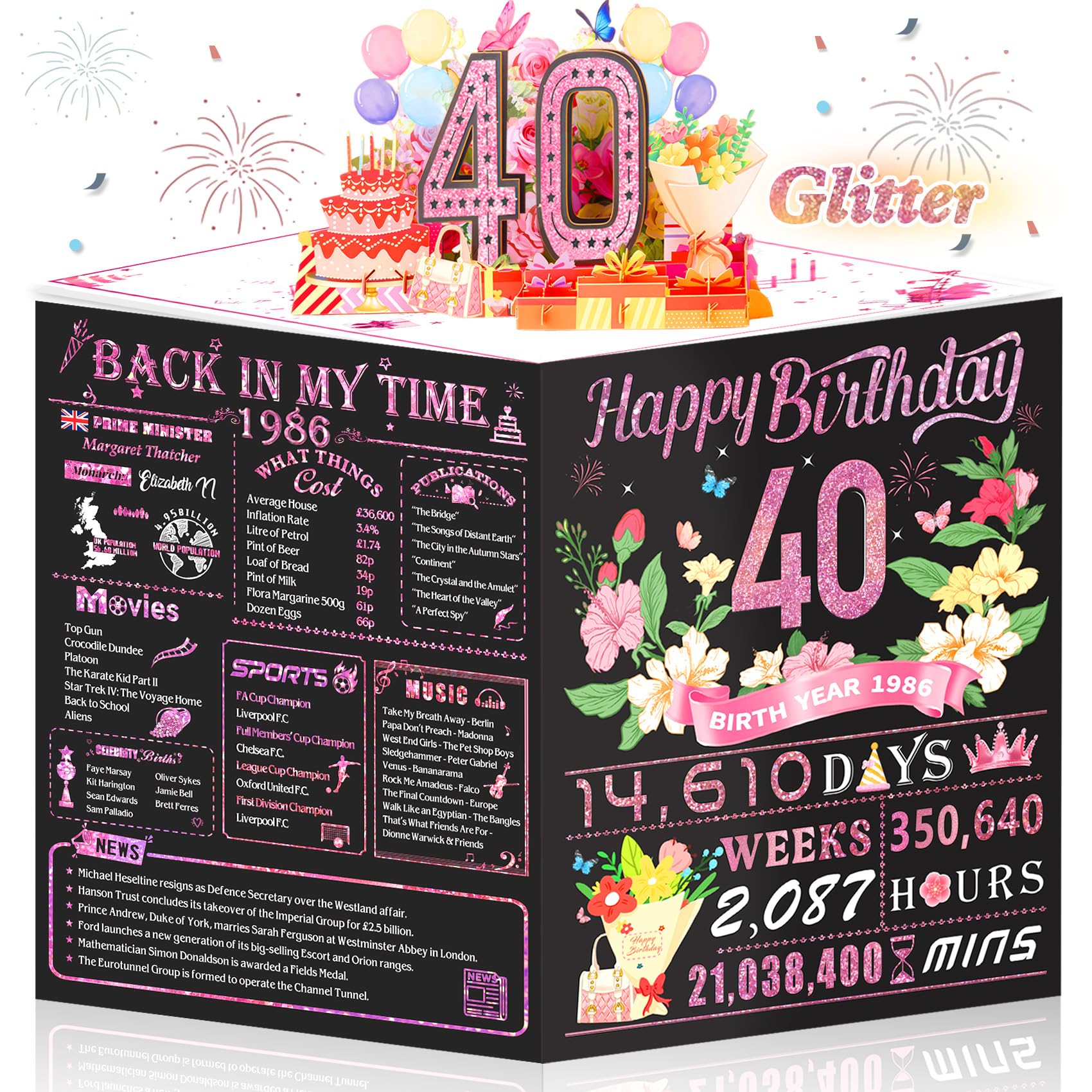 Awrmoo 40th Birthday Cards for Women, 3D Pop Up 40th Birthday Card Gifts for Mother, Back In 1986 Rose Gold Funny 40 Year Old Birthday Decorations Ideas for Wife Aunt Friends Mom Her