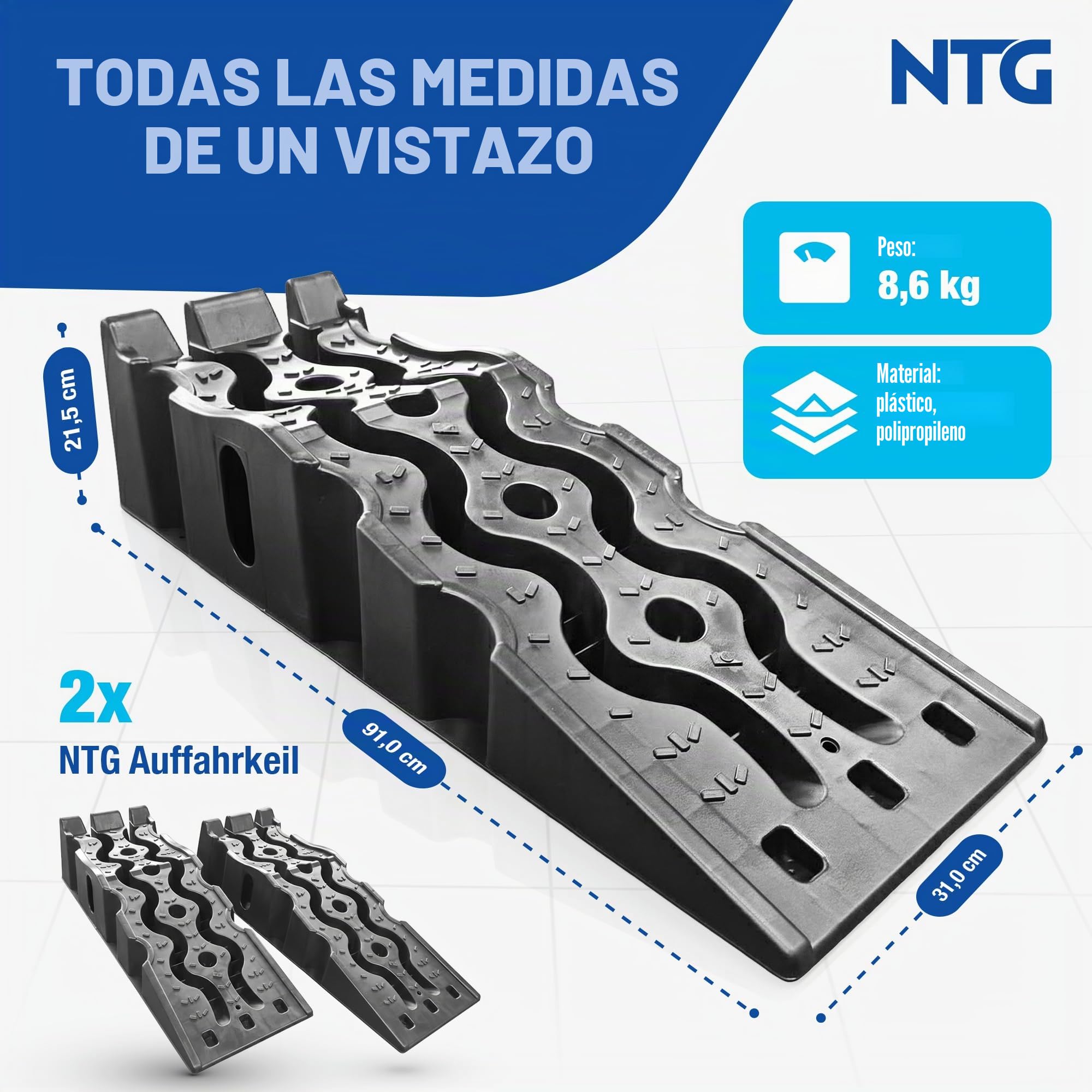 NTG Rampa de acceso para coches (juego de 2) hasta 3000 kg, cuñas de plástico antideslizantes + apilables, aptas para cualquier coche