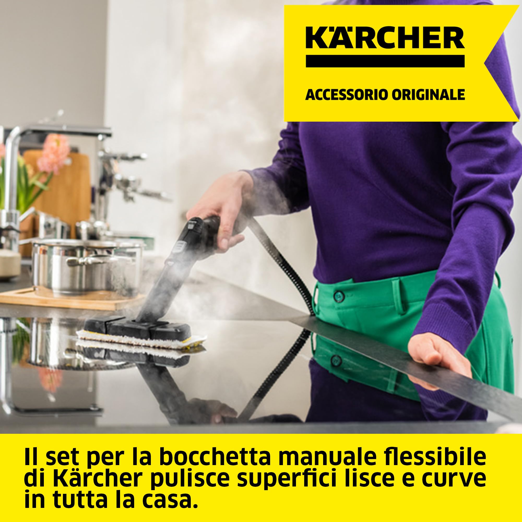 Kärcher set bocchetta manuale flessibile con panno in microfibra abbinato per una pulizia efficace di superfici dritte e curve, accessorio originale per i pulitori a vapore Kärcher