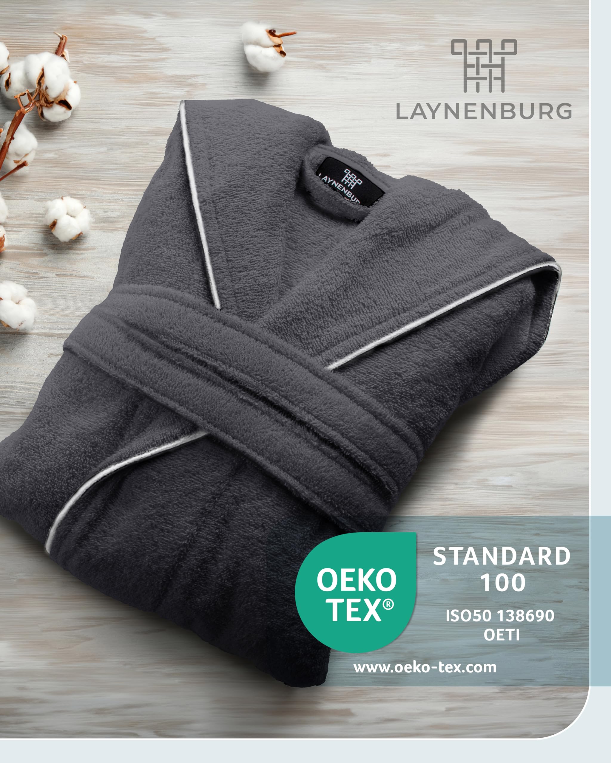 LAYNENBURG Bademantel Herren Frottee - Kapuze - Lang - 100% Baumwolle (360g/m2) - OEKO TEX Standard 100 - Größe M, L, XL, XXL, 3XL