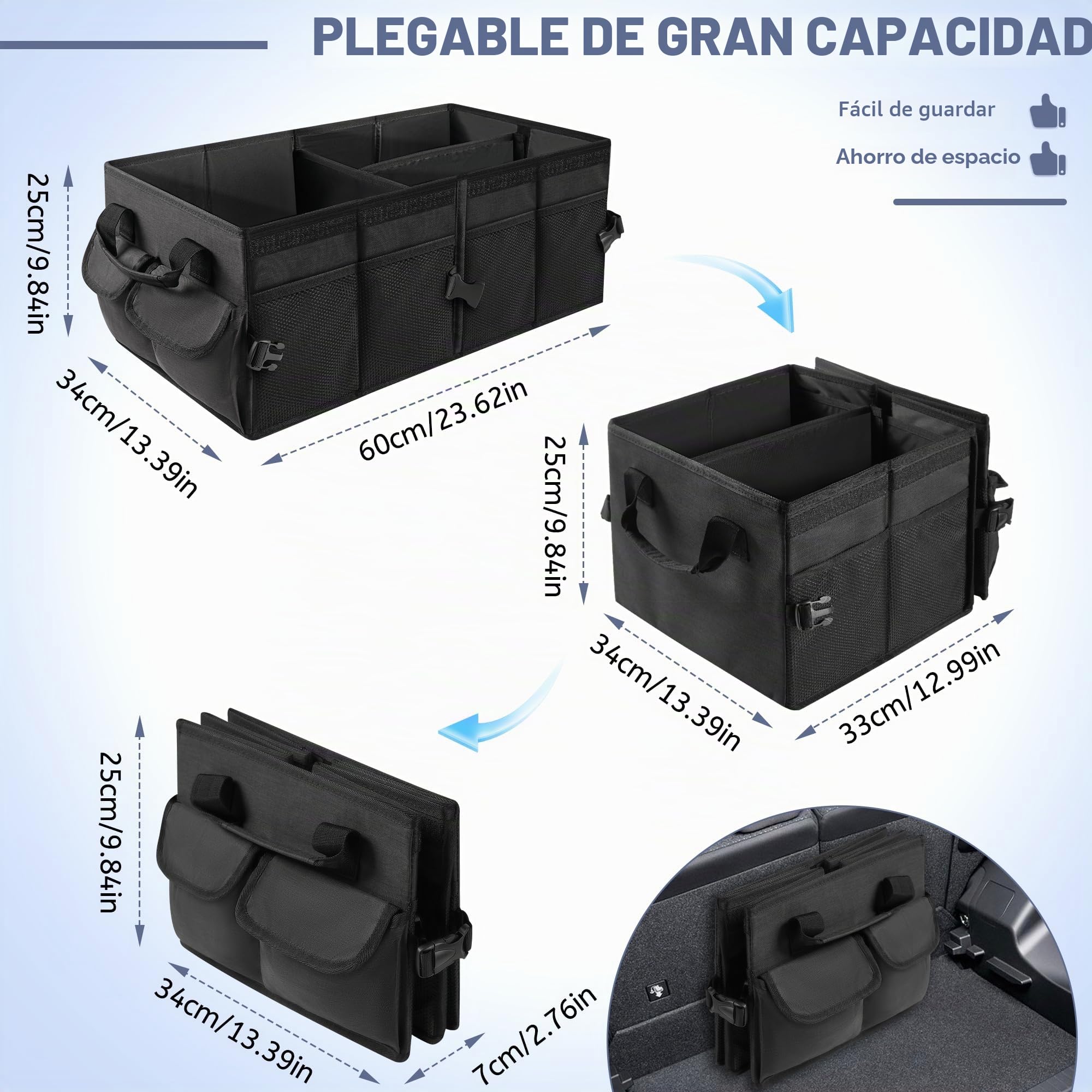 Organizador de maletero, bolsa plegable para maletero con tapa, organizador de maletero para automóvil con divisores extraíbles, equipado con base antideslizante y cierre de velcro, bolsillos
