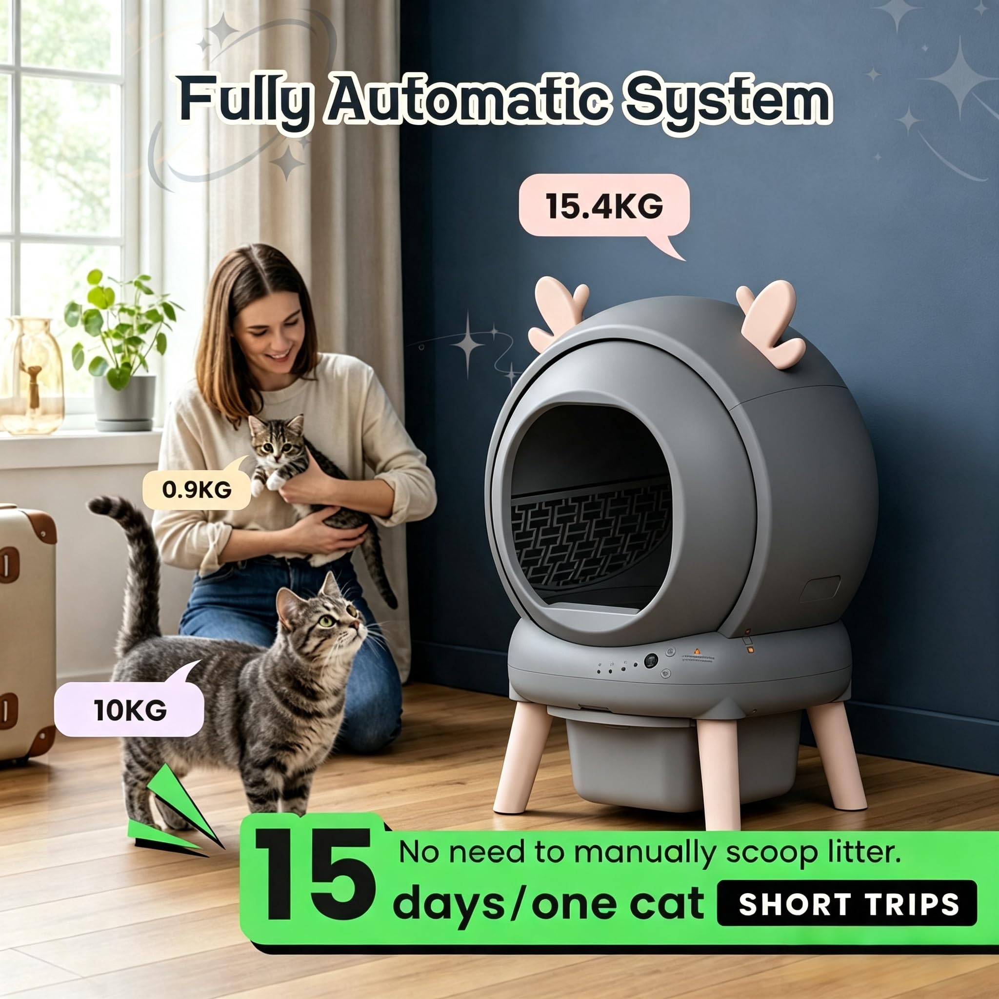 Lettiera Gatto Autopulente, Lettiera Autopulente per Gatti XXL 65 L con Controllo App, Antiodore, 9 Sensori di sicurezza e Anti-pizzicamento, per Più Gatti con Sacchetto