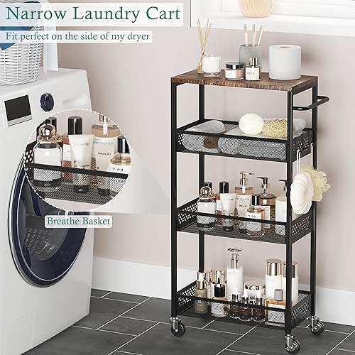 Miniatura 4 de Carrito de almacenamiento delgado de 4 niveles para frutas y verduras para cocina, espacio pequeño, carrito estrecho con ruedas con parte superior