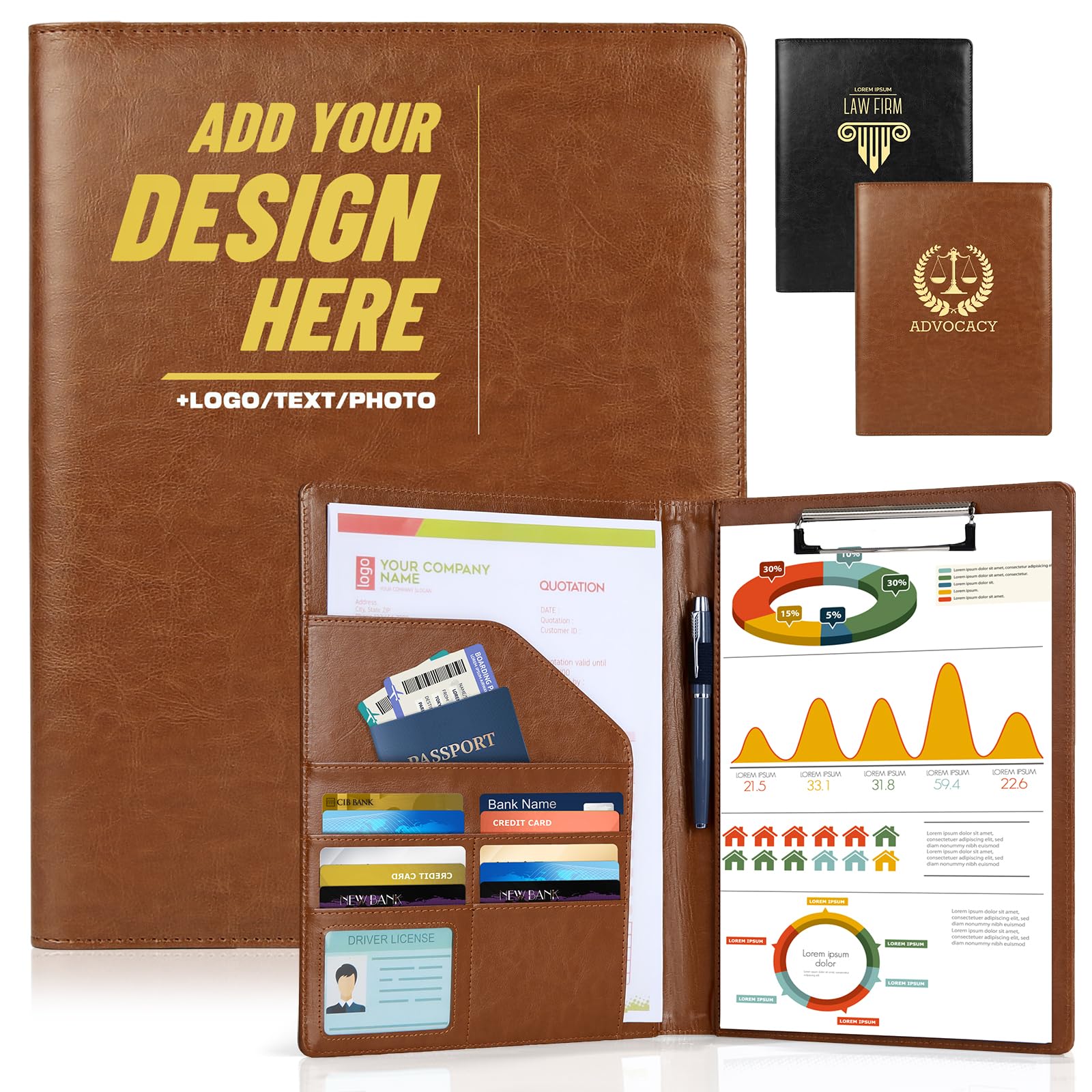ENOMY Personalised File Folder Custom Leather Portfolio with Logo/Text/Photo Professional Business Portfolio A4 Letter Size Document Holder for Resumes Interviews Office Brown