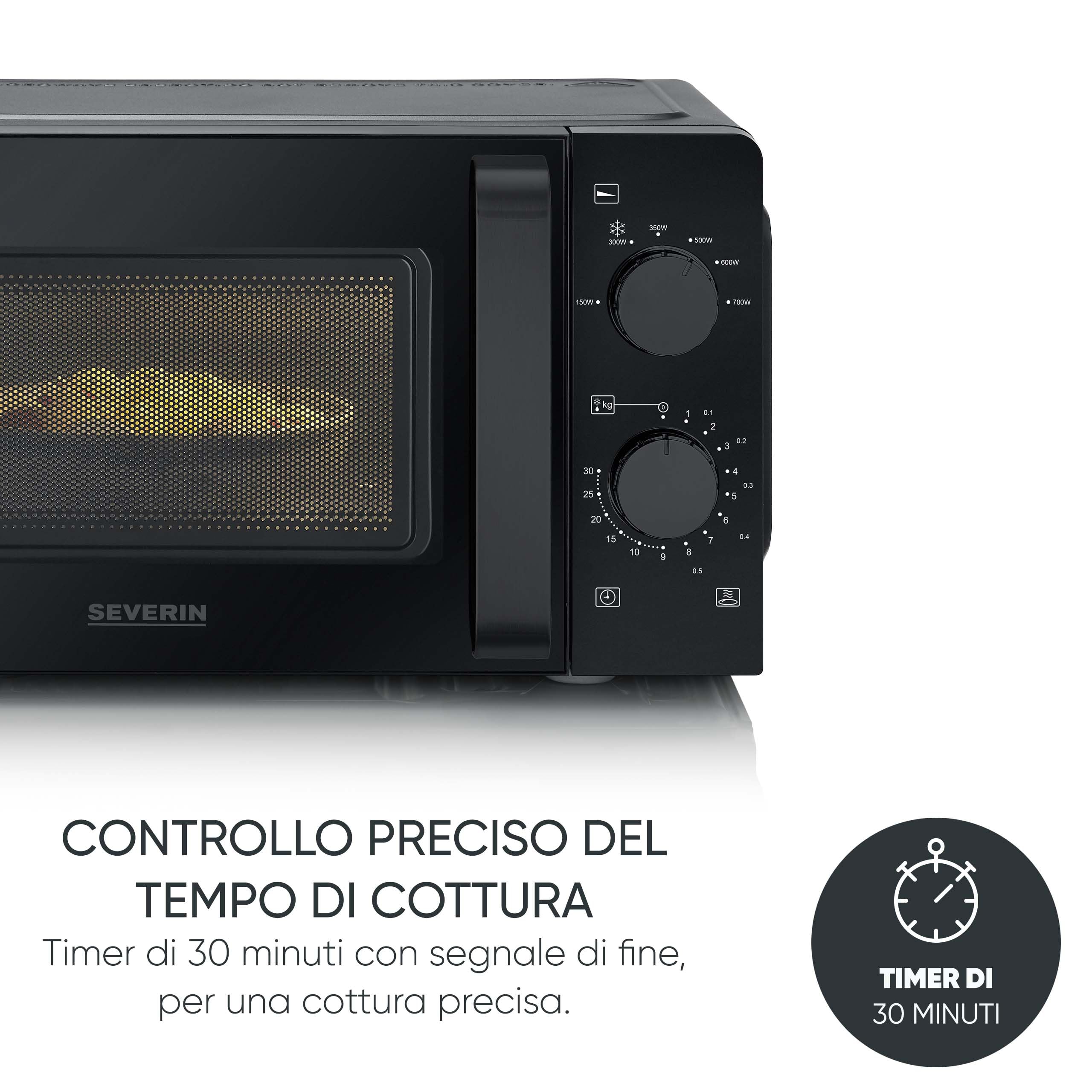 SEVERIN Forno a Microonde, 19 Litri, 700W, 6 Livelli di Potenza, 6 Programmi, Funzione Scongelamento, Timer, Libera Installazione, 44,5x36,0x24,0 cm, Nero/Inox - MW 9180