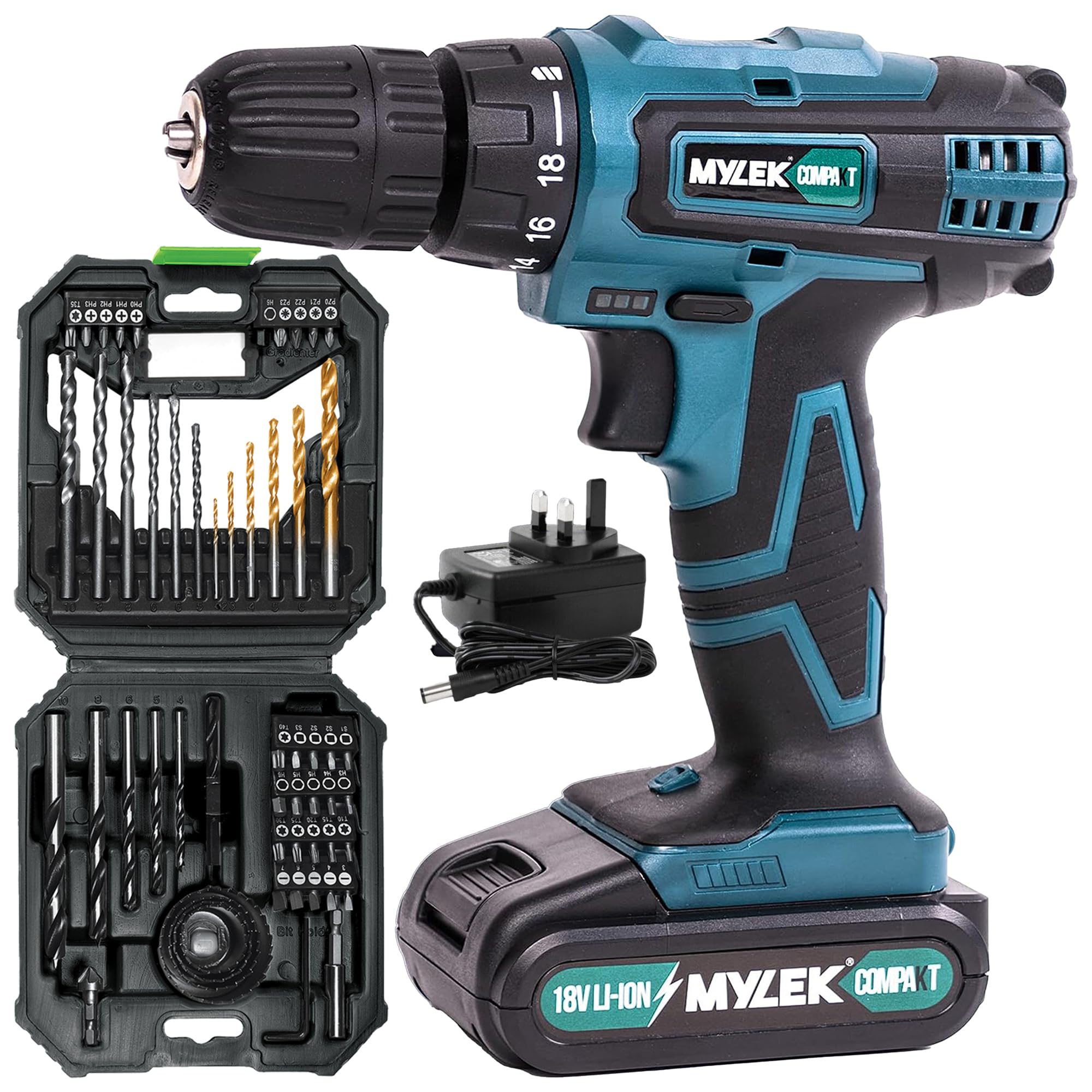 Mylek Blue, Black 18V Cordless Drill - Lithium Ion Drills Driver Screwdriver Set - 13 Piece Combi Accessory Kit - Led Worklight, 18 Volts Blue/Black With 4Orce Accessory Kit (56 Piece)