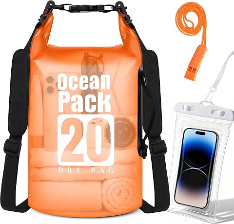 Dry Bag Waterproof, Roll Top Small Waterproof Backpack 20L, Floating Lightweight Bag with Water Proof Phone Pouch for Kayaking, Paddle Boarding, Boating, Fishing, Swimming