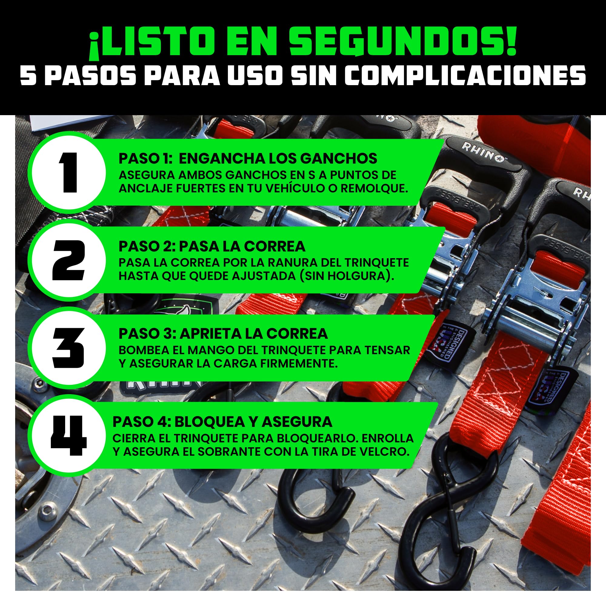 Kit de Correas de Trinquete Rhino USA Heavy Duty (Paquete de 4) - 4 cm x 2.4 m (2,000 kg de Resistencia de Rotura) - Correas de Amarre con Ganchos en S de Seguridad para ATV, UTV, Carga y Más - Rojo