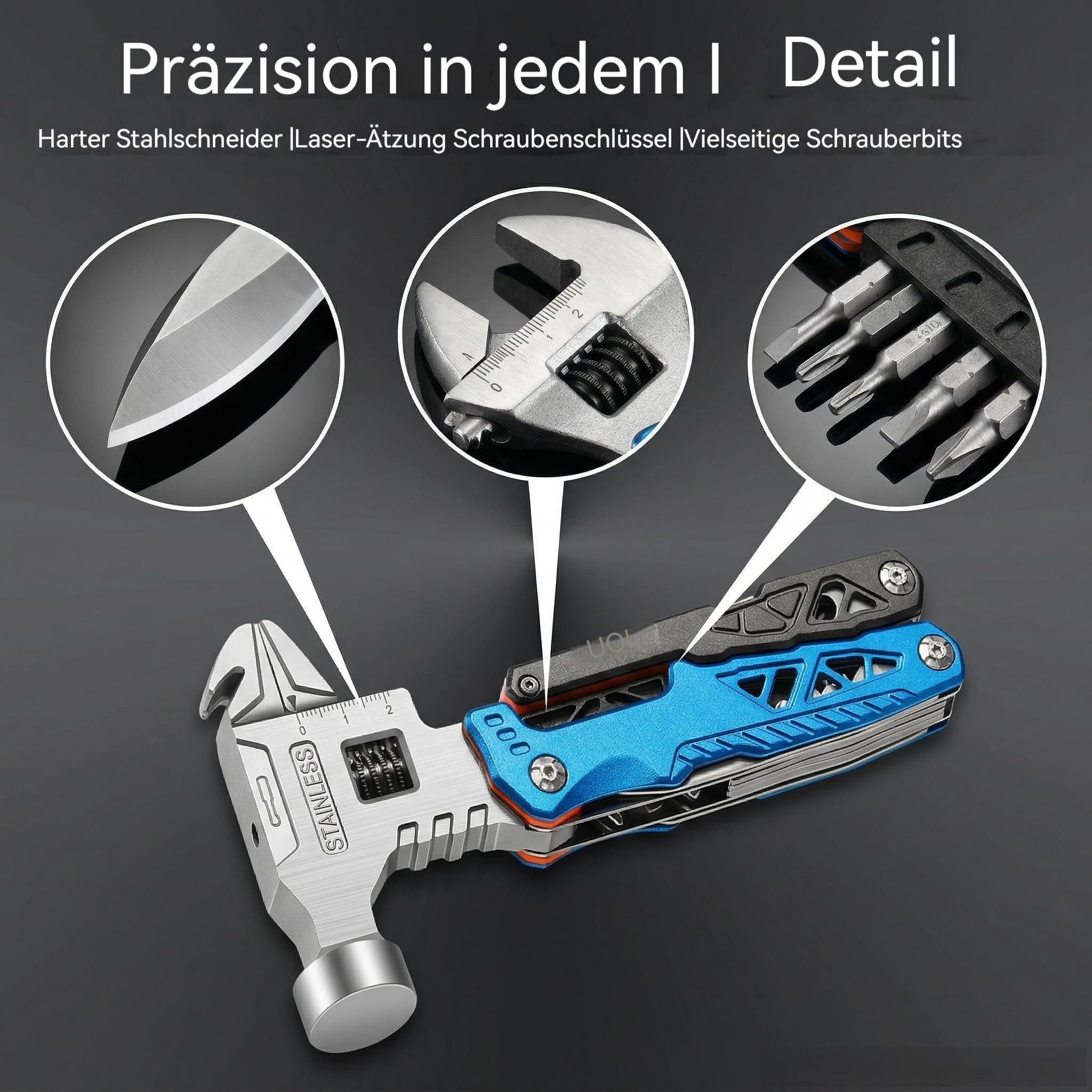 18 in 1 Multifunctional Wrench Hammer 60tools, Multifunktionswerkzeug Mit Hammer, Zange, Taschenmesser & Säge – Kompaktes Multi Tool Für Outdoor, Camping, Wandern, DIY (Blau)