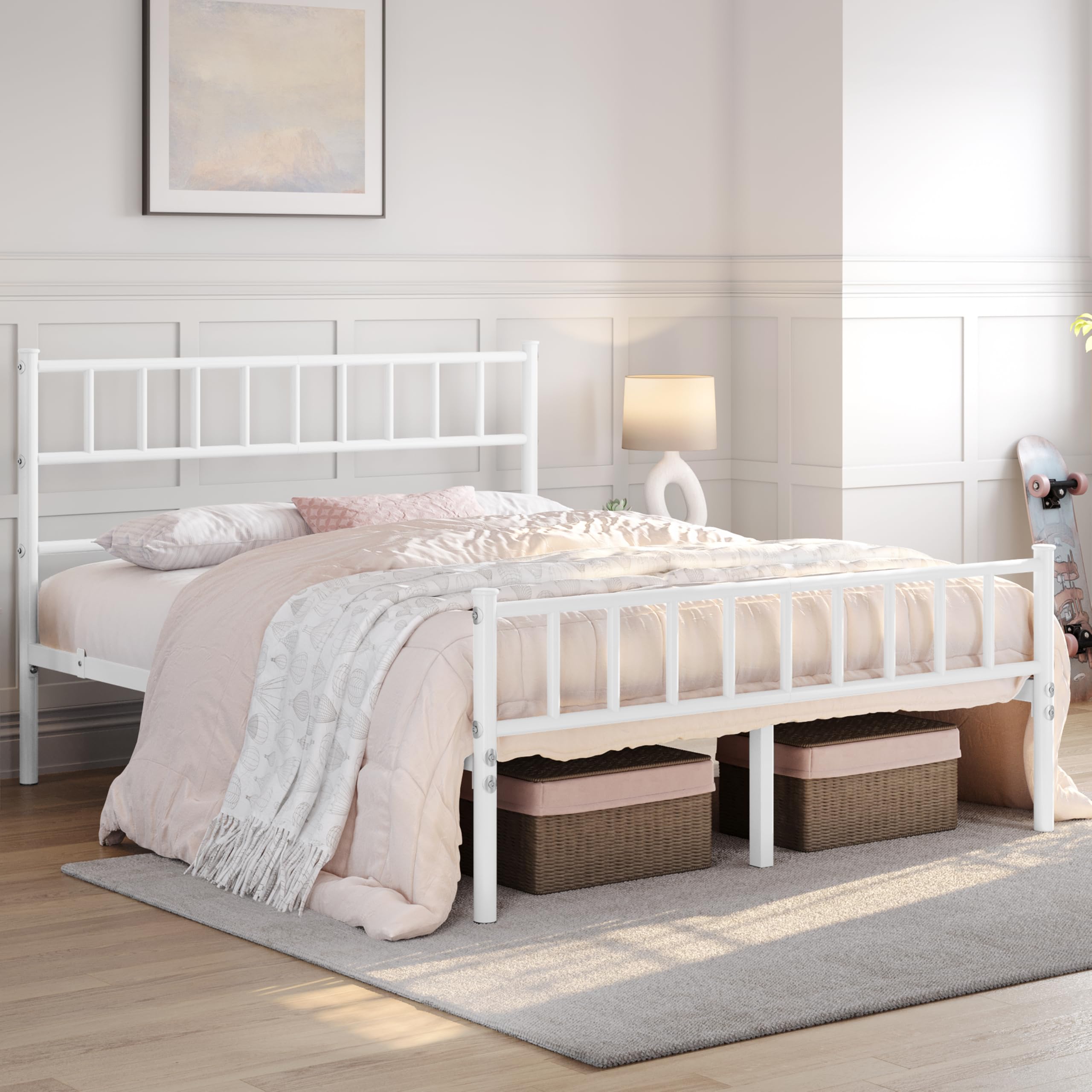 Yaheetech Cama Individual Doble de Metal 135 x 190 cm Blanca Moderna