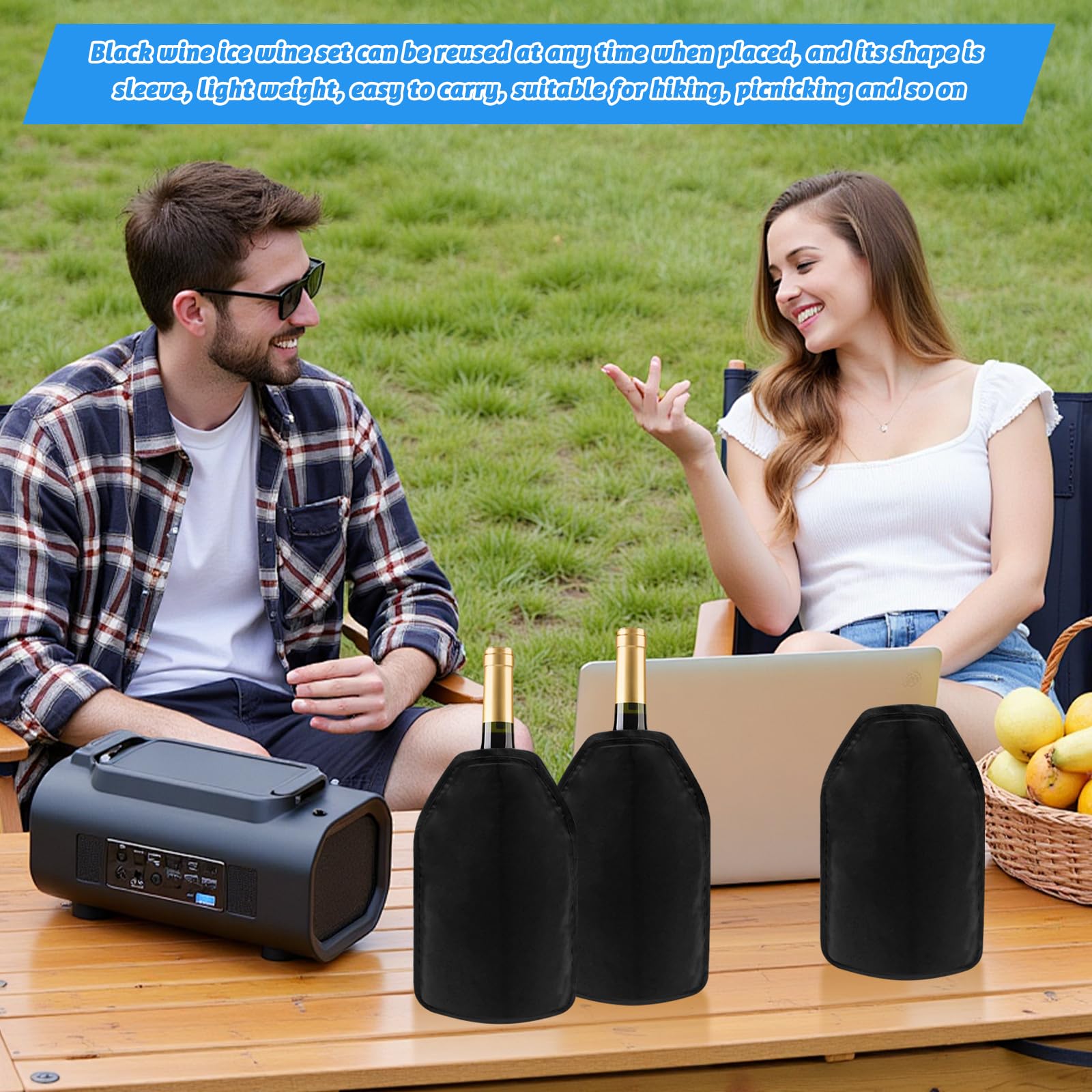 Juego de 2 Funda Enfriador de Vino con Gel, Enfriador de Botellas Ajuste Universal para 0,7-1L de Vino Cava Champán, Reutilizables para Picnic y Cenas (Negro)