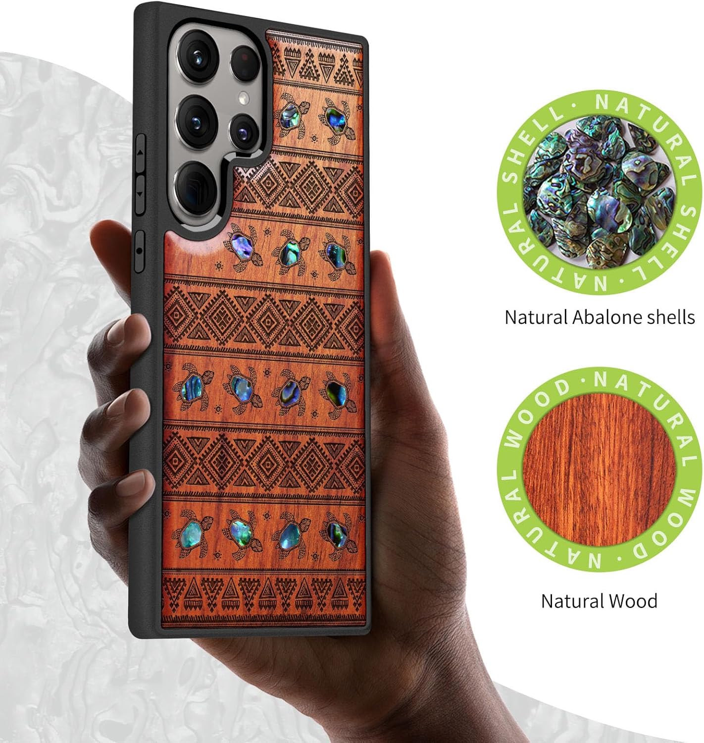 Carveit Designer Wooden Case for Samsung Galaxy S24 Ultra Case [Wood Engraving & Shell Inlay] Compatible with Wireless Chargers S24 Ultra Cover (Sami Turtles-Rosy)