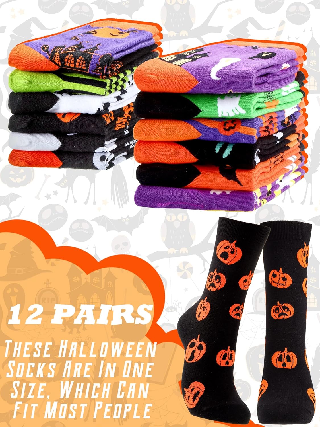 Zhanmai 12 Pairs Halloween Socks Funny Horror Socks Novelty Pumpkin Ghost Bat Stocking Happy Halloween Gifts Holiday for Women Men - Image 3