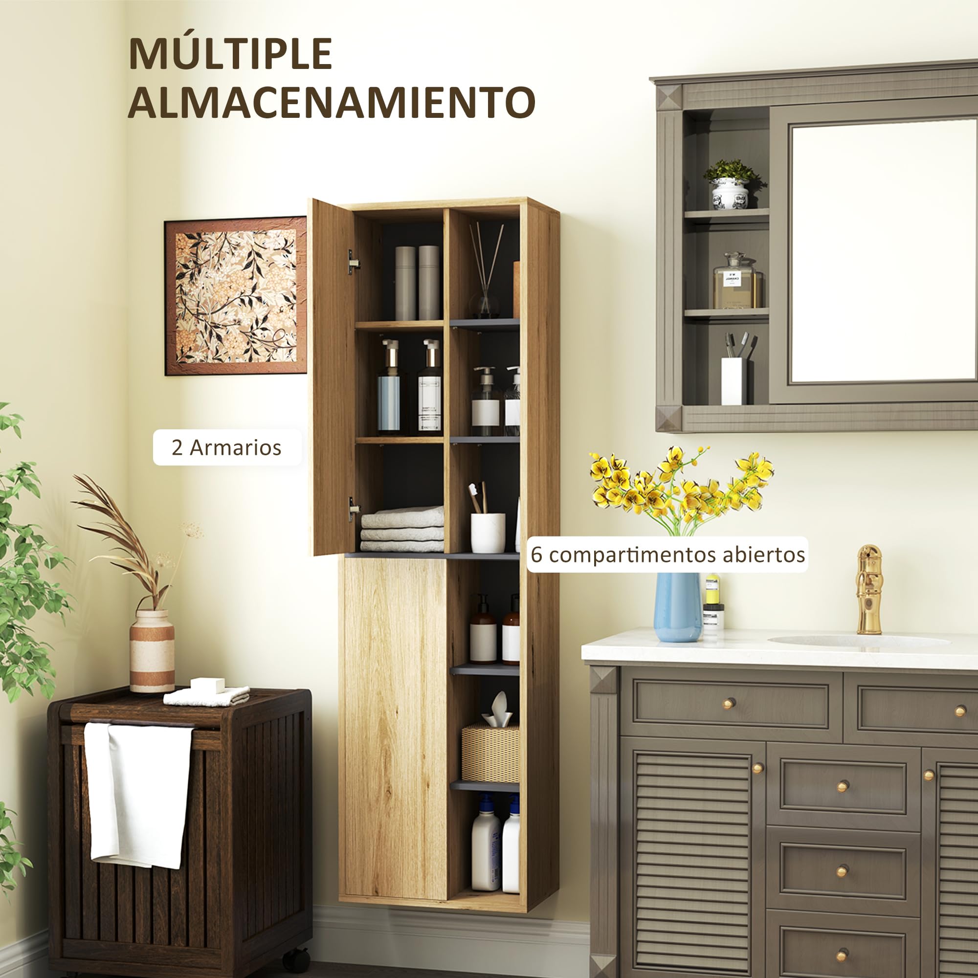 HOMCOM Columna de Baño de Pared Armario de Baño con Compartimentos Abiertos y 2 Puertas Mueble de Baño Moderno 40x24x141,5 cm Natural