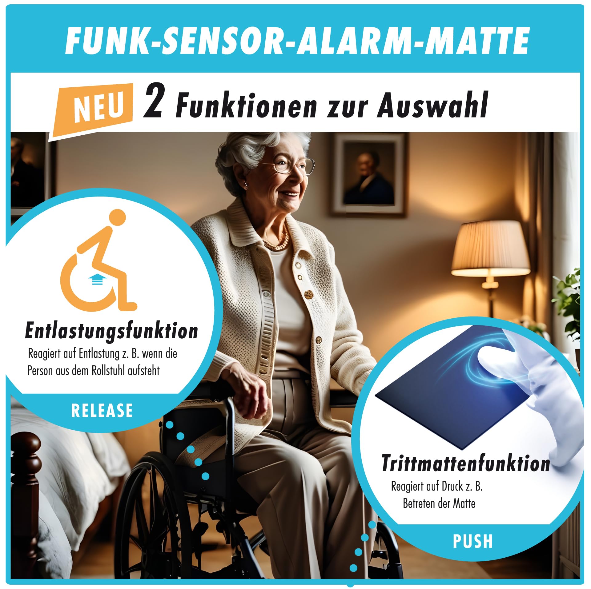 m-e Funk-Sensormatte Mobiles Sicherheits- & Komfort-System sowie Pflegehilfe für zu Hause (Funk-Sensormatte + Mobile Klingel)