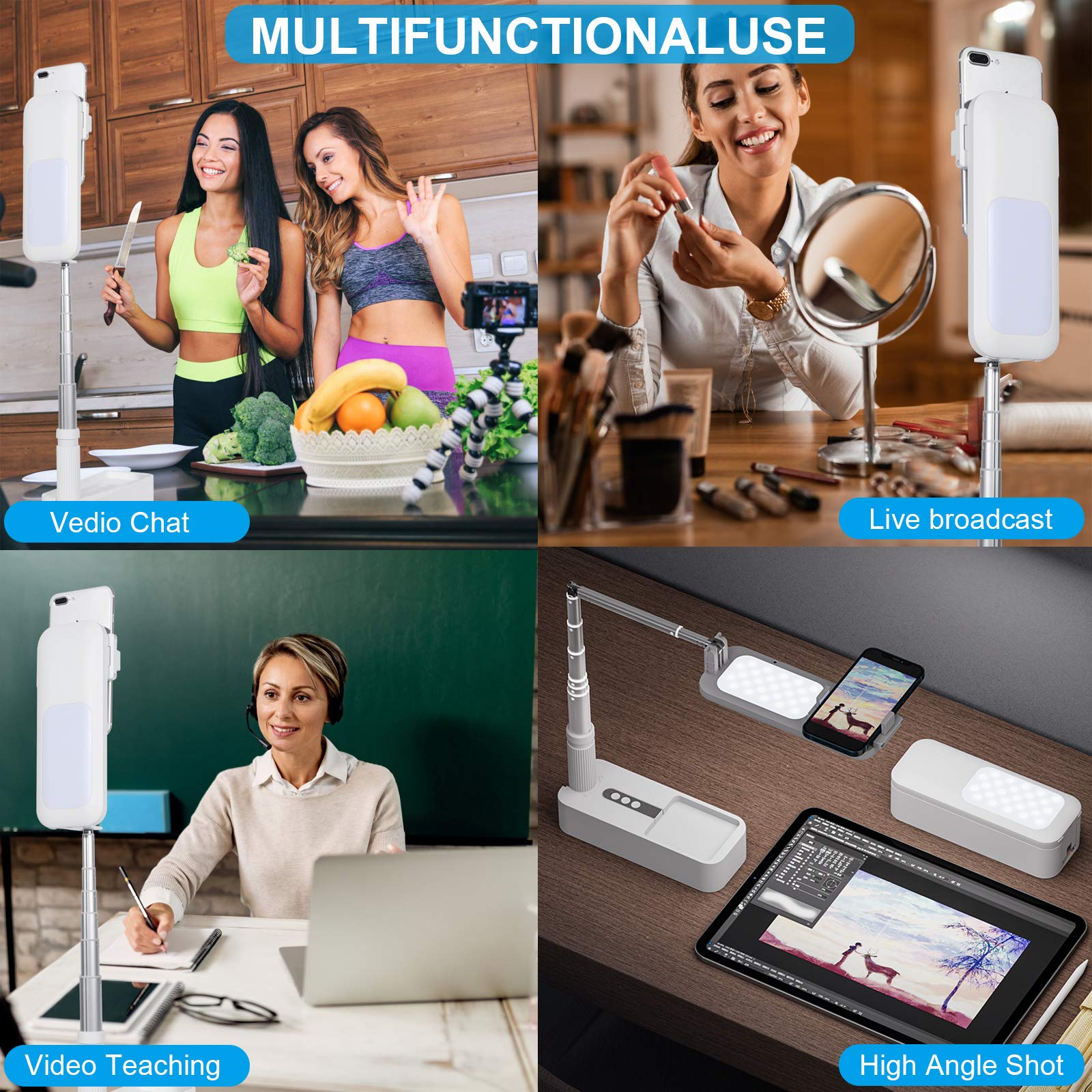 Retractable Phone Stand for Recording Retractable Remote Phone Holder Video Recording Phone Holder Selfie Stick with Light for Teaching Supplies Photography/Makeup/TikTok Streaming