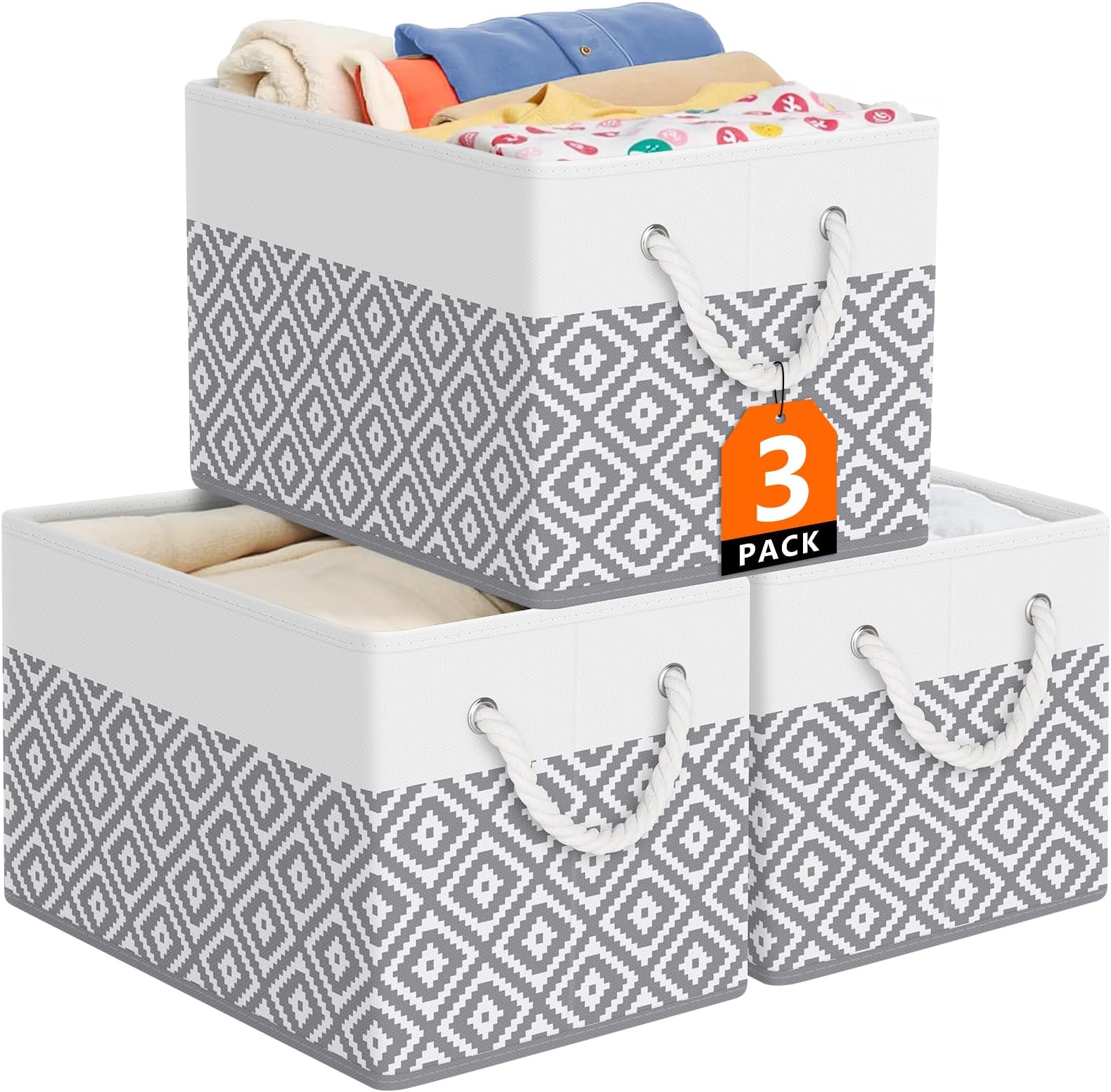 StorageTastic Storage Bins, 3-Pack Large Storage Box with Rope Handles, Collapsible Storage Basket for Organizing Books, Clothes, Rhombic Grey