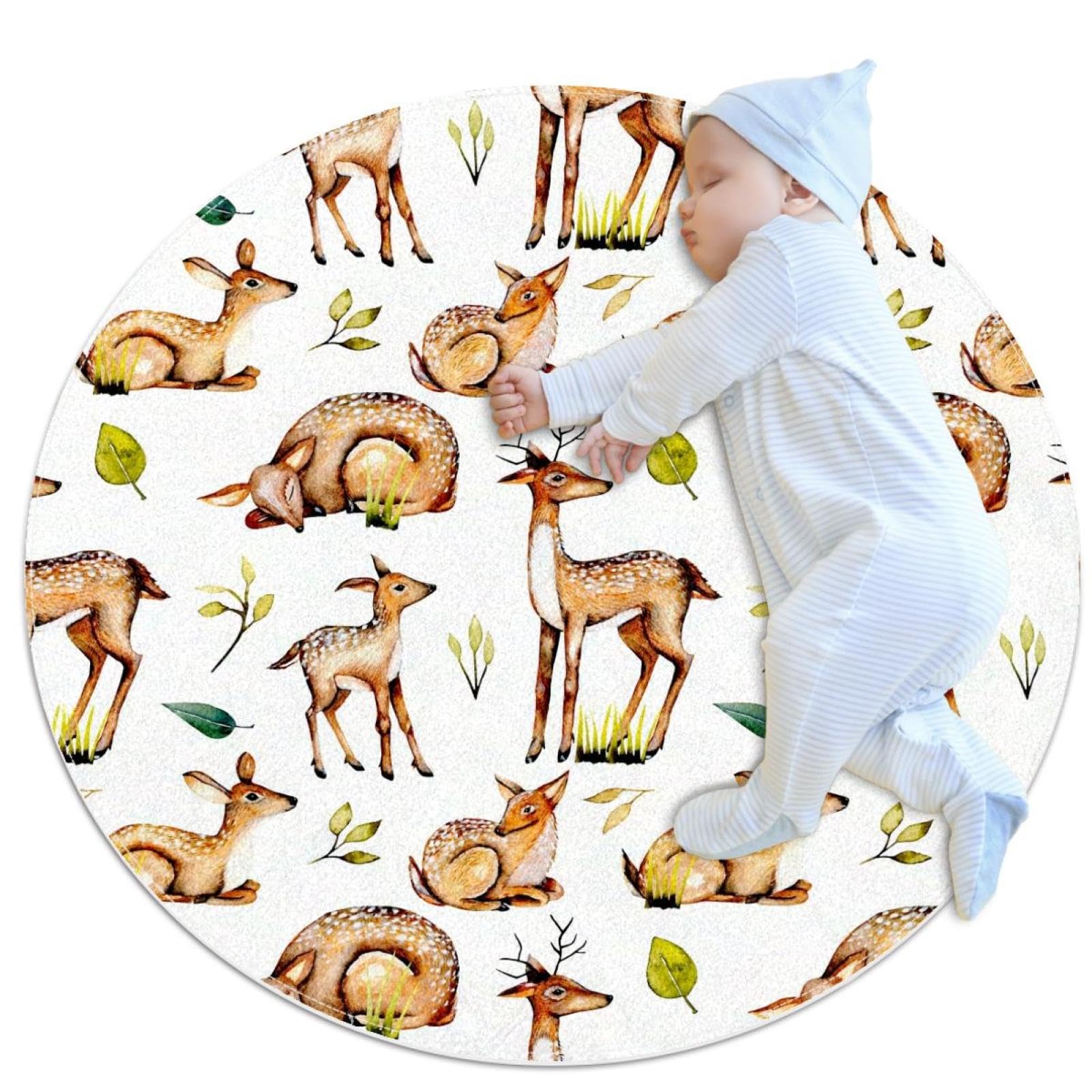Tapis de salle de bain rond 1m imprimé bébé cerf aquarelle et camomille pour chambre enfant