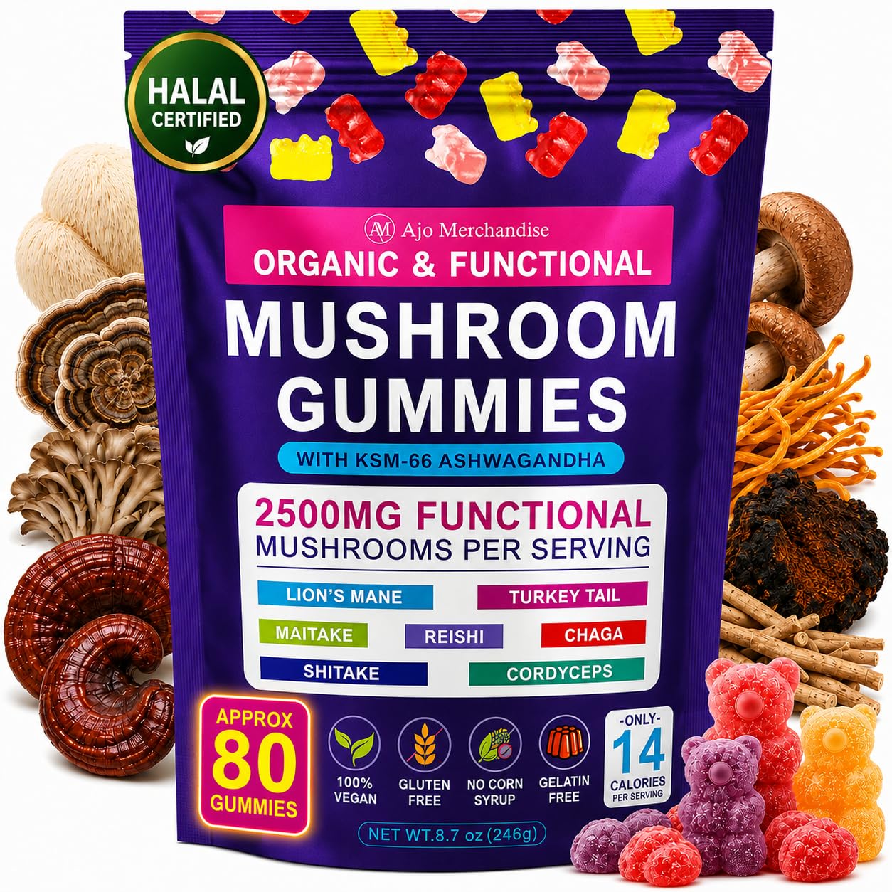 Mushroom Gummies for Focus and Energy, Mixed Fruit- 80 ct
