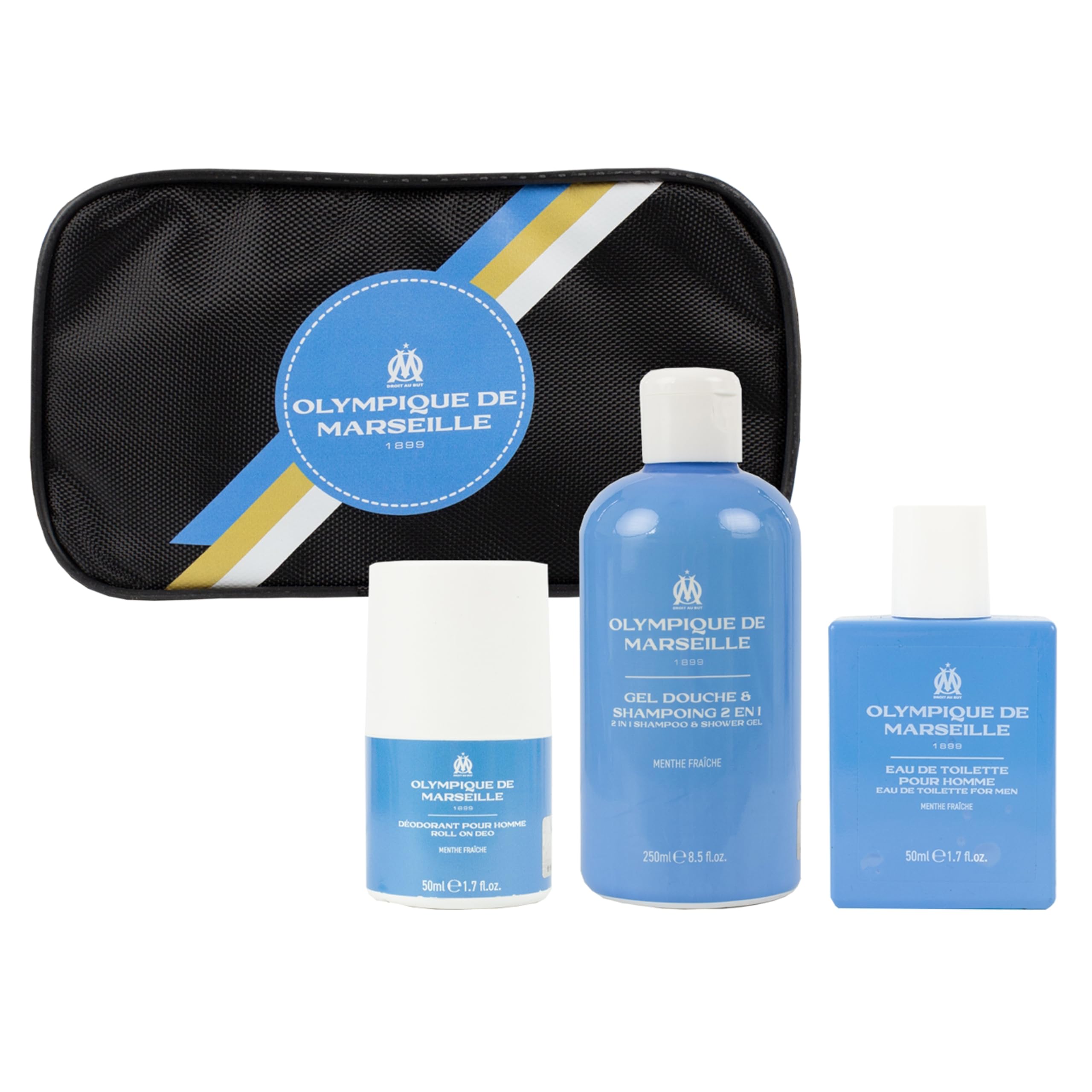 OLYMPIQUE DE MARSEILLE Coffret Cadeau OM Homme, Trousse de Toilette avec Gel Douche 250ml, Déodorant 50ml, Eau de Toilette 50ml