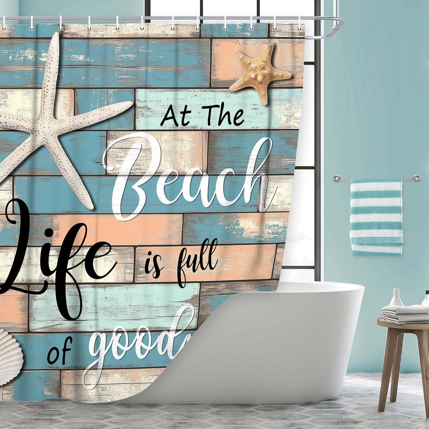 JAWO Beach Shower Curtain, Rustic Vintage Wood Ocean Quote Words Fabric Shower Curtains, Nautical Coastal Theme Shower Curtain with Hooks 69x84Inches