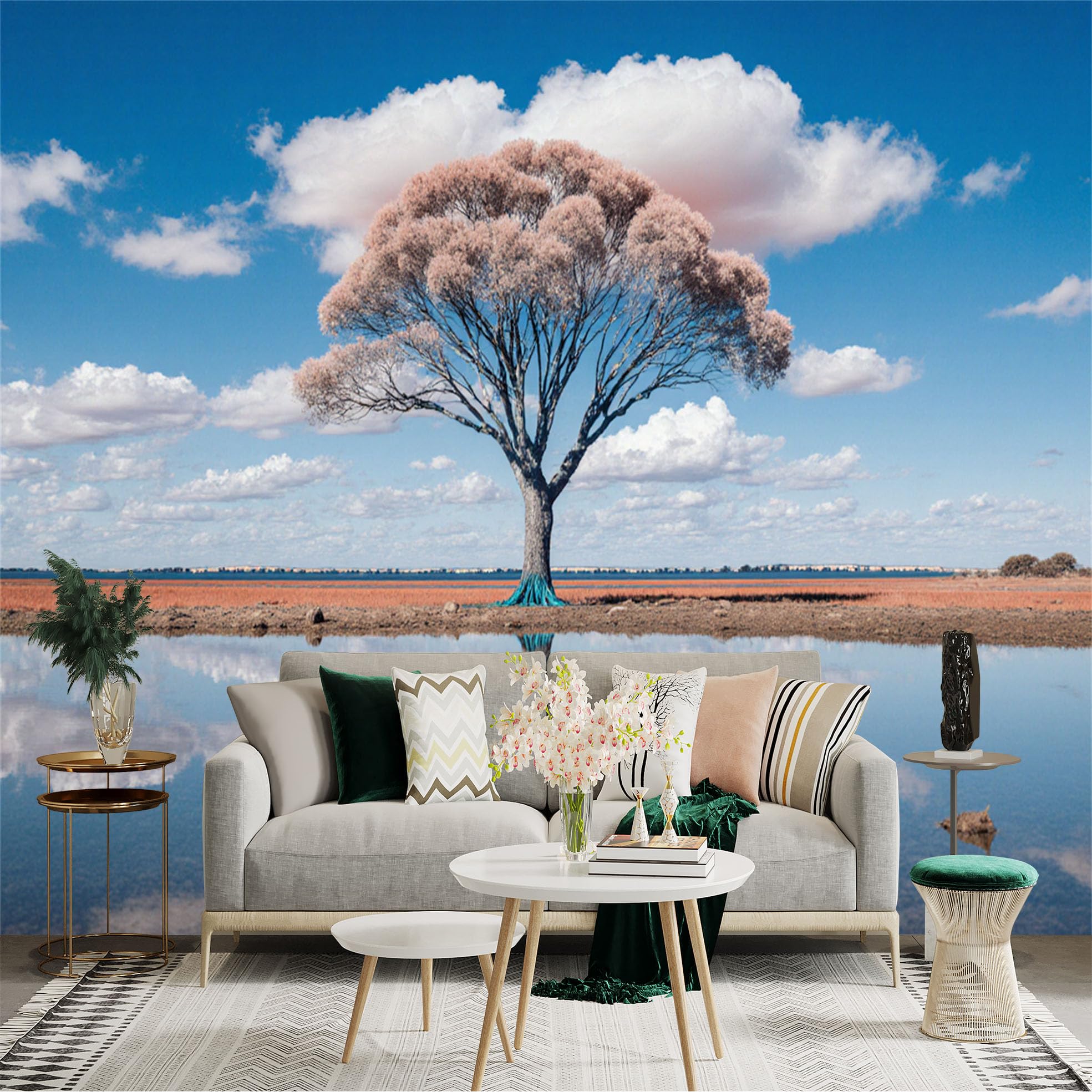 Lnzczhyre Xc260505084 Custom Size Wall Sticker Mural， Lone Tree On Horizon， Surreal Pink Foliage， Reflection On Calm Water， Cloudy Blue Sky Landscape， For Wall Decoration， Peelandstick Wall Decals.