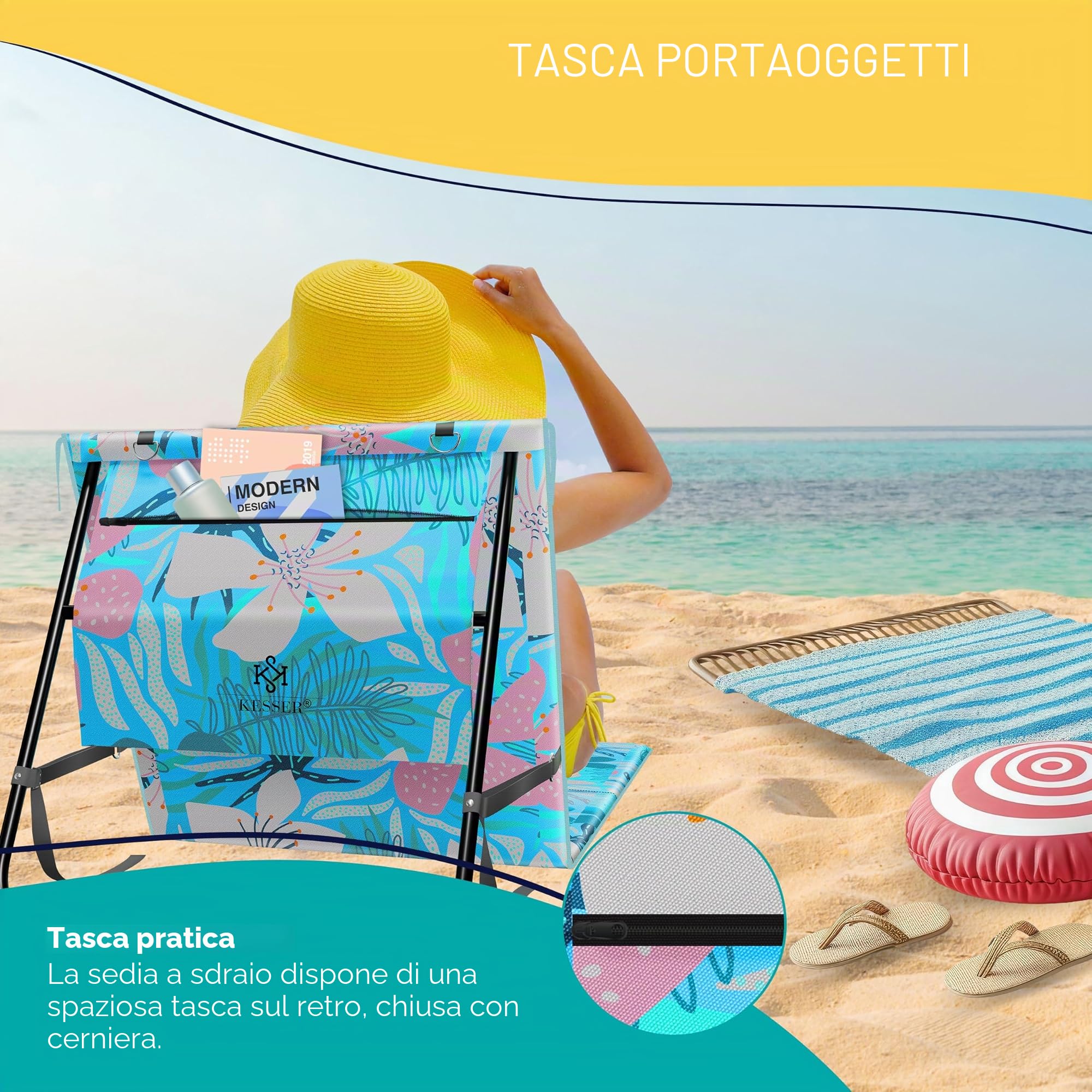 KESSER® Lettino da spiaggia pieghevole con schienale regolabile – Lettino da spiaggia pieghevole con tracolla e borsa, portata massima 130 kg – Lettino prendisole per spiaggia, giardino e terrazza