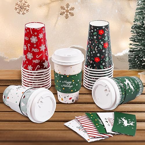 Miniatura 8 de Paquete de 50 tazas, tapas y fundas desechables de Navidad para cacao caliente, chocolate, bebidas, suministros para fiestas navideñas