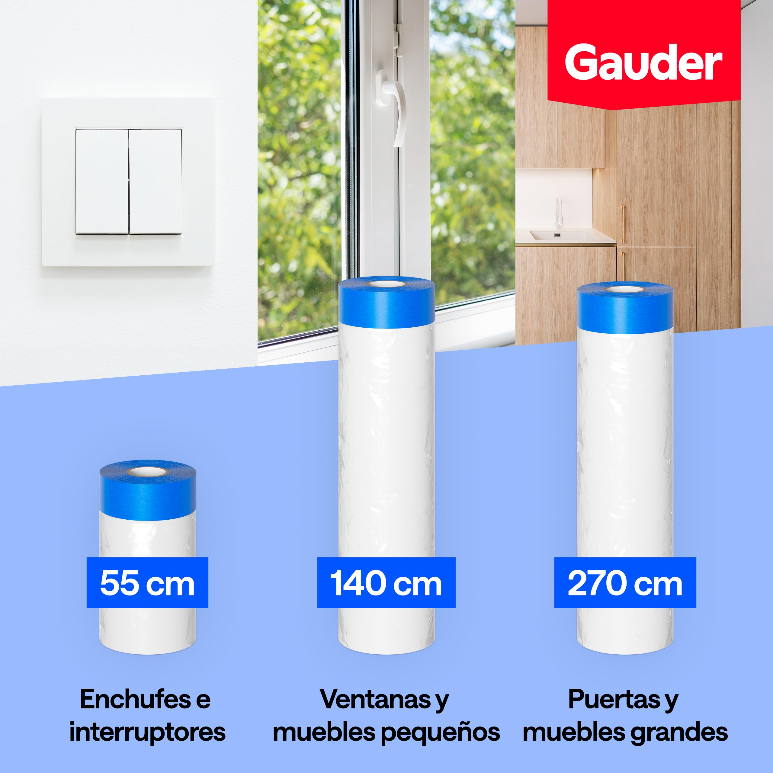 GAUDER Film protector con cinta adhesiva - 81 m² de plástico autoadhesivo - Para ventanas, puertas e interruptores (3 Rollos - 270 cm x 10 m)