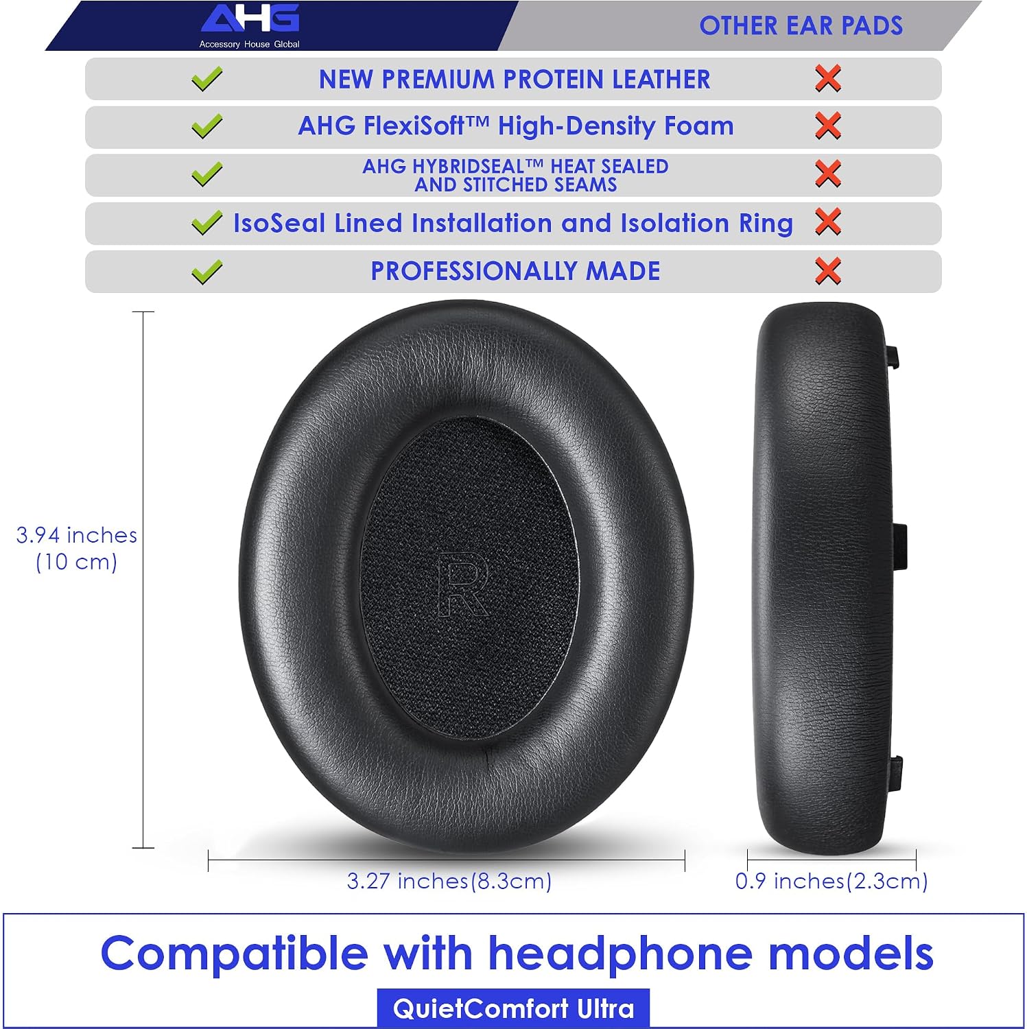 AHG Accessory House Global quietcomfort Ultra Ear Pads Replacement Cushion Compatible with Bose QuietComfort Ultra (QC Ultra) Noise Cancelling Headphones (Black). Premium PU Leather | Extra Thick image 3