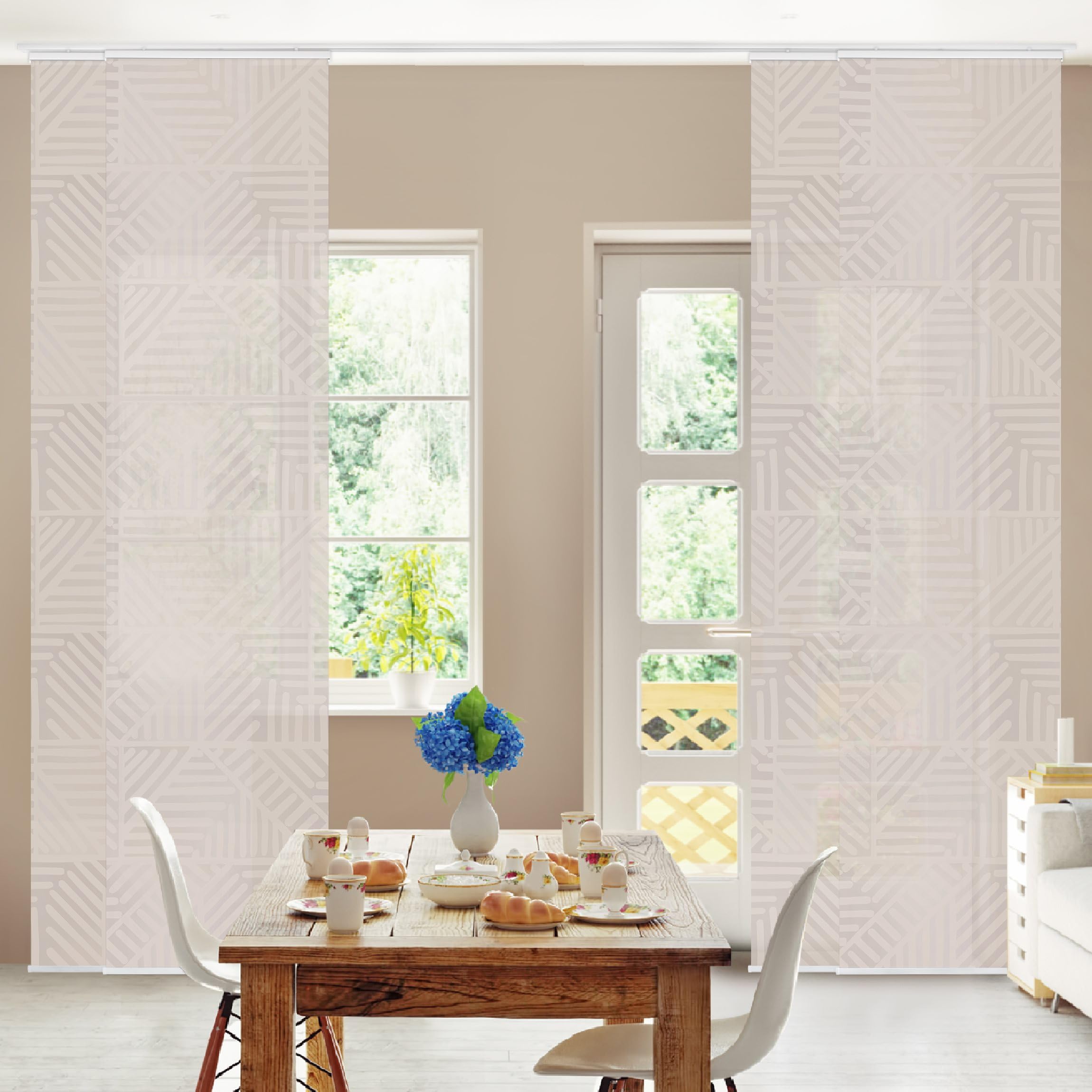 Schiebegardine halbtransparent 60er Paneel Klett Muster Textil lichtdurchlässig - Motiv Modern Flächenvorhang beige Wohnzimmer Schlafzimmer 2388 (240x250 cm - 4er Set)