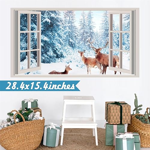 Miniatura 5 de Winter Wall Stickers 3D Fake Windows Wall Stickers Forest Wall Decals Christmas Wall Decals Peel and Stick Snow Landscape Deer Stickers Pine Tree