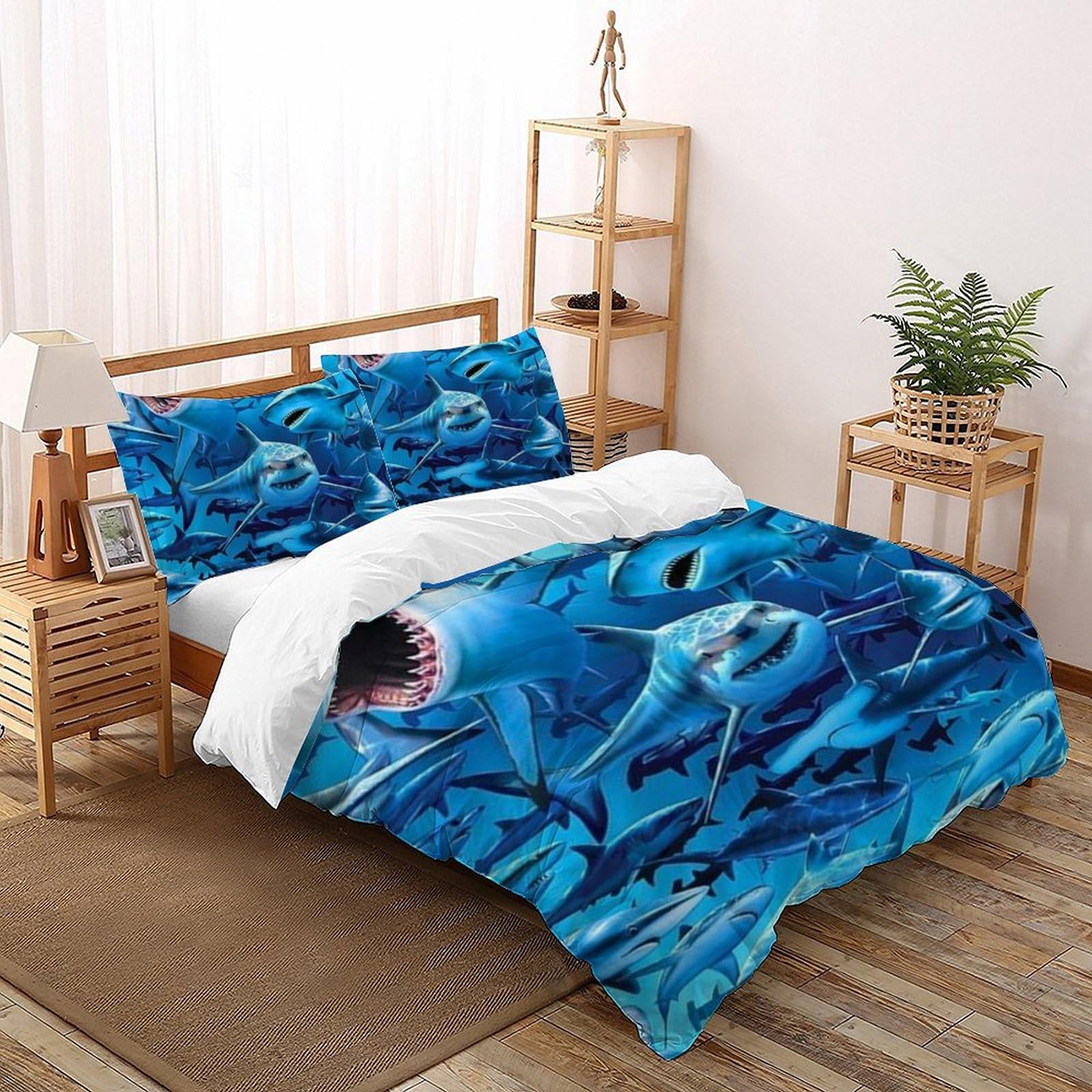 Housse de couette double requin 3D en microfibre respirante et douce pour la peau