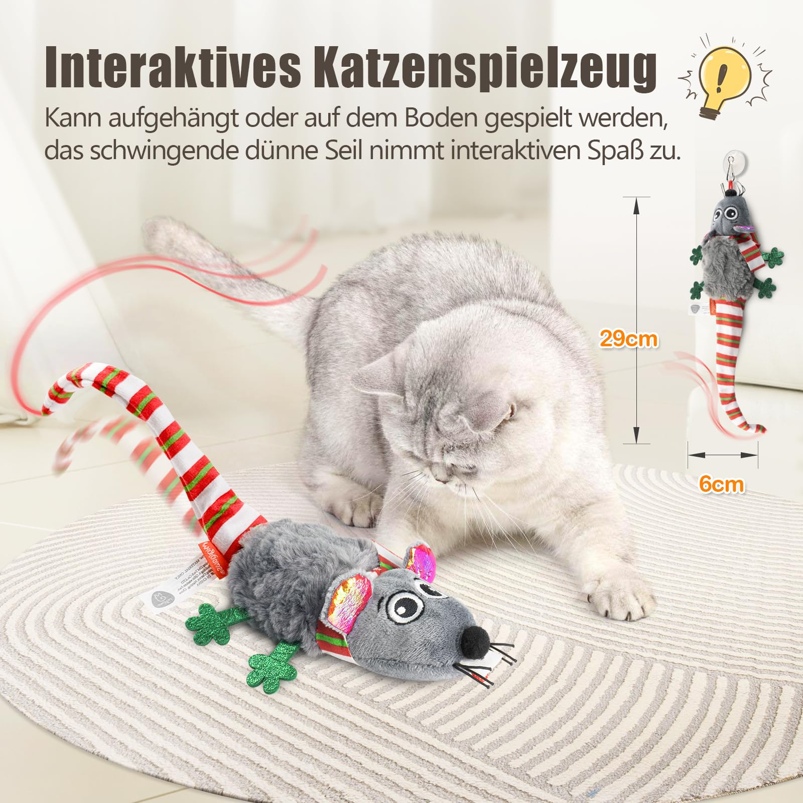 Migipaws Katzenspielzeug,elektrisch Maus-Spielzeug,berührungsaktiviertes Spielzeug mit wedelndem Schwanz und Katzenminze, wiederaufladbar