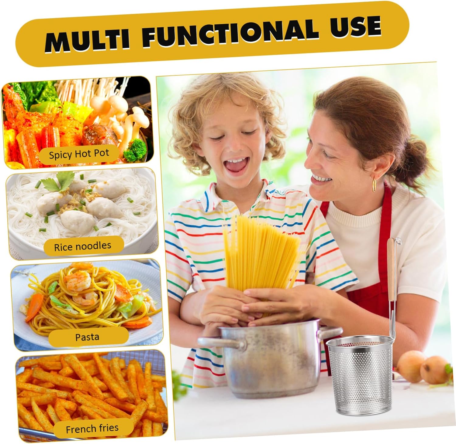 INOOMP Dumpling Noodle Strainer Restaurant Fry Strainer Draining Pasta Sieve Fine Mesh Mesh Food Colander Net Easy Liquid Drainage