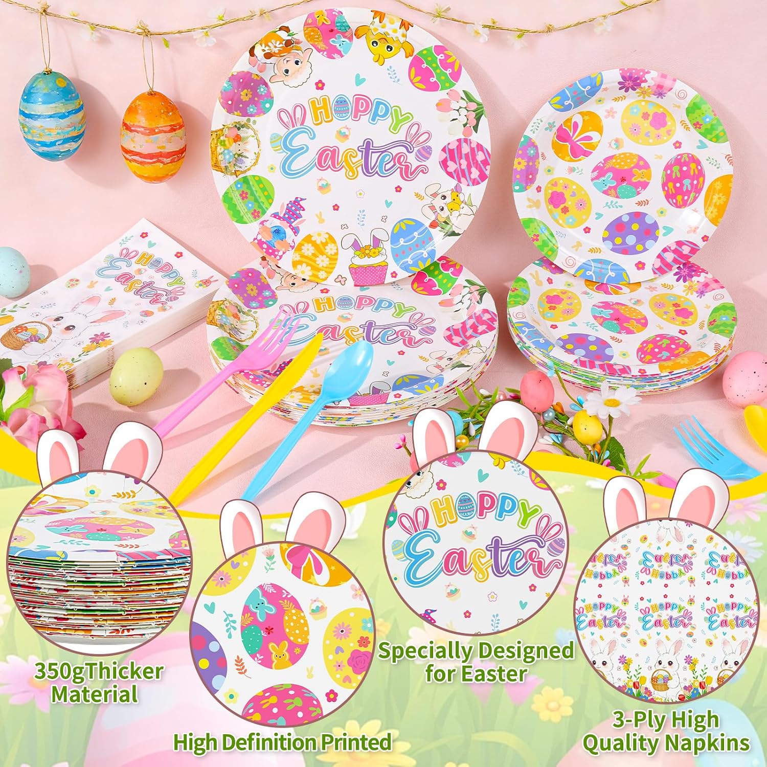 144 Pcs Disposable Easter Plates and Napkins Set-9 Inch Dinner Plates and 7 Inch Dessert Plates with Napkins and Flatware-Bunny Egg Tableware with Happy Easter-Spring Party Supplies for 24 image 4