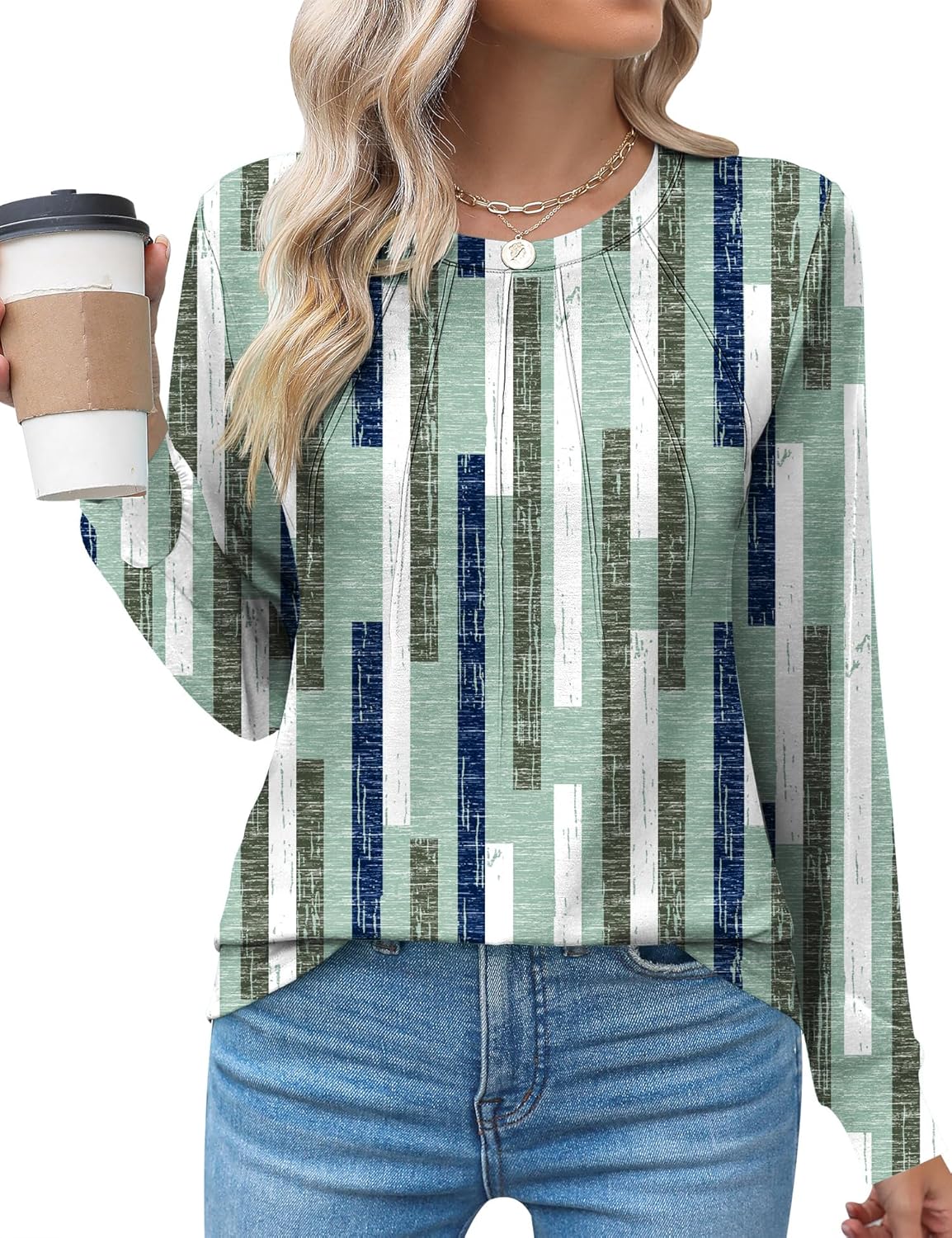 Kistore Women's Long Sleeve Tops Crew Neck Pleated Dressy Casual Blouses T Shirts Fall Clothes 2026