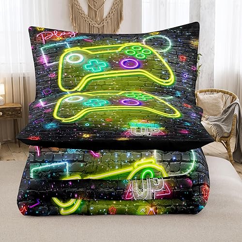 Miniatura 9 de NINENINE Juego de ropa de cama con estampado de videojuegos para niños, 5 piezas, tamaño Queen, cama de video de control de videojuegos en una