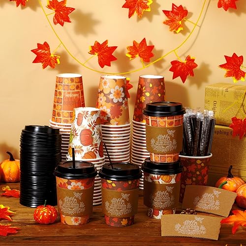 Miniatura 2 de Lallisa Juego de 100 tazas de café desechables de otoño, Acción de Gracias, con tapa, popotes, fundas de papel de otoño de 12 onzas, tapa de