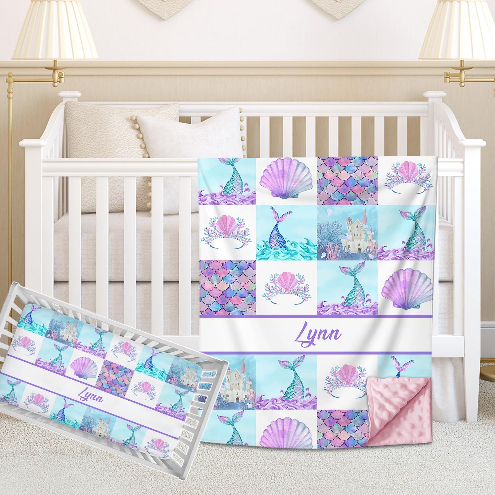 Personalized Baby Bedding Sets for Girls - Custom Crib Bedding with Name, Nursery Bedding, 2 Piece Set, Name Comforter, Fitted Sheets (Mermaid)