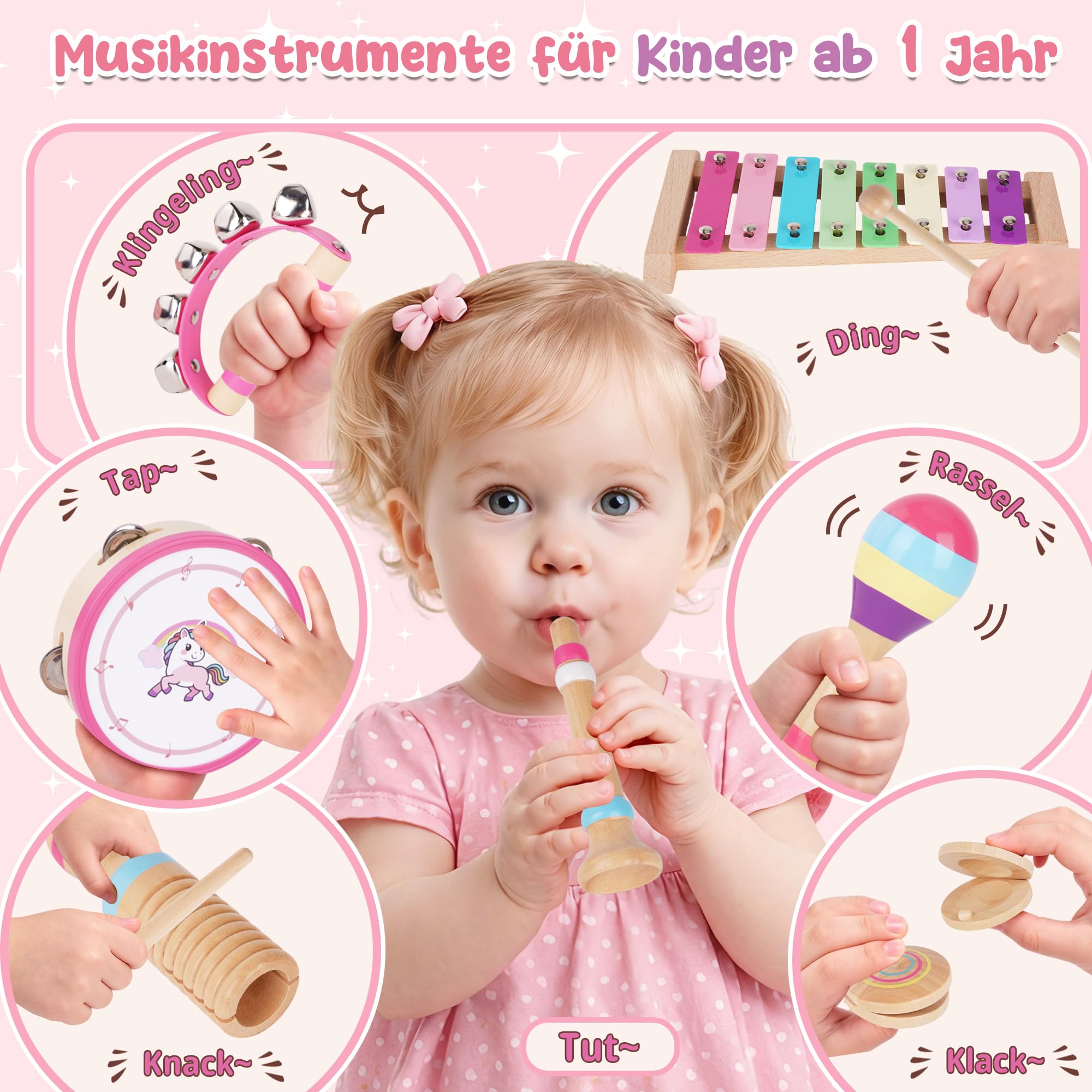 ATOYUS Montessori Musikinstrumente Spielzeug für Babys und Kinder ab 1 Jahr, Holz-Schlaginstrumente für 1-3 Jährige Mädchen mit Xylophon, Trommel, Geschenk zum 1. Geburtstag, zu Weihnachten und Ostern