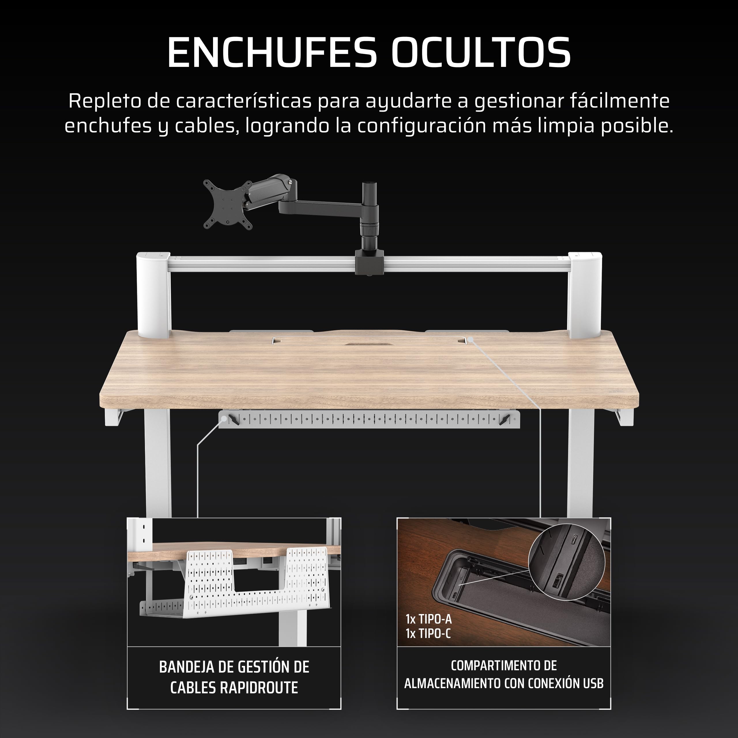 Corsair Platform:4 – 120 cm x 76 cm, Altura Fija, Escritorio de Pie para Juegos de Oficina, Cables Escritorio, Alimentación USB, Brazo para Monitor Incluido – Tinte Pino Blanco