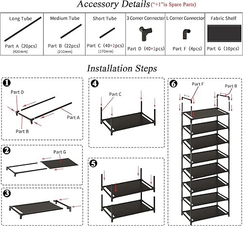Miniatura 6 de Zapatero alto de 10 niveles para armario, entrada, estante de zapatos ajustable, resistente y duradero, organizador de zapatos estrecho (18 pulgadas