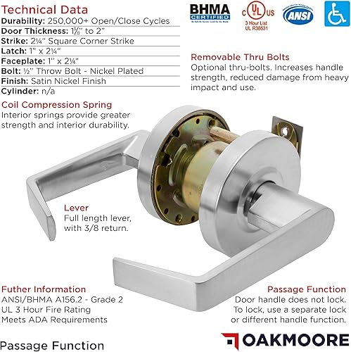 Miniatura 6 de Manija de puerta comercial de oficina  Función de paso  Grado 2  Sin cerradura  llave  para salas de reuniones y cocinas  Acabado de níquel  C UL y