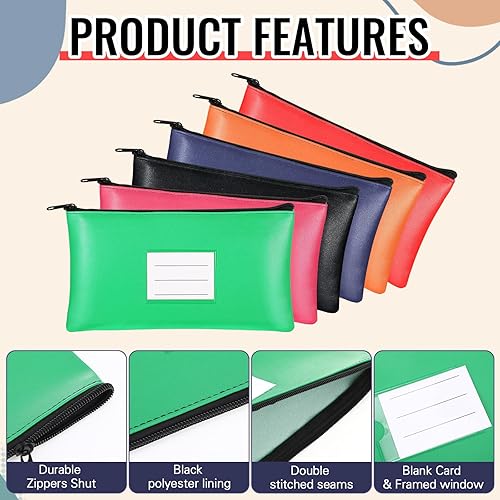 Miniatura 9 de 6 bolsas de dinero con cremallera, de piel sintética, bolsa de seguridad para dinero, soporte para recibos, cartera con etiqueta para dinero en