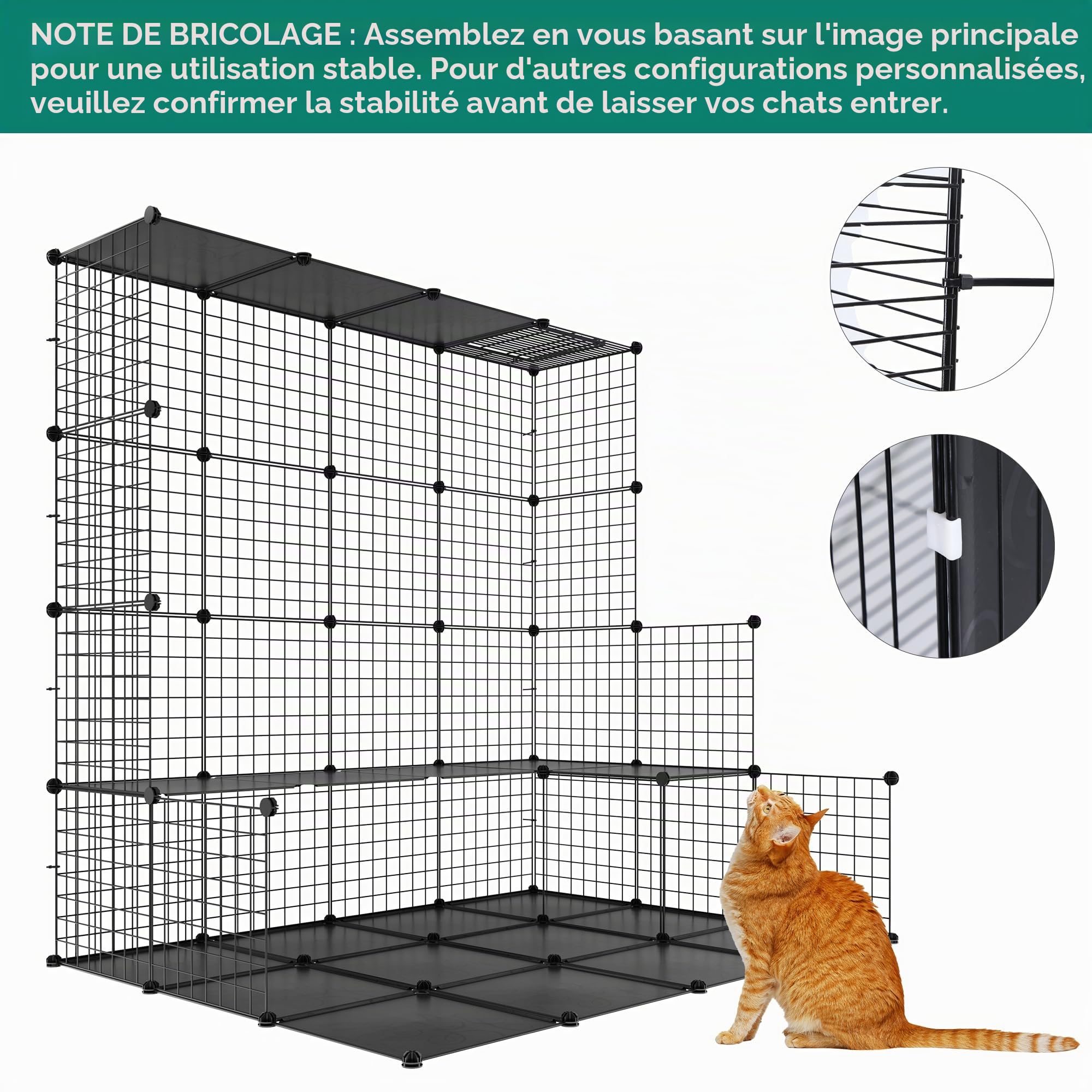 YITAHOME Cage d'intérieur pour Chat à 2 Niveaux à Monter soi-même, Cage pour Chat avec Fil métallique Dense, Parc pour 1 à 2 Chats, furets, Lapins, Petits Animaux, Noir, 71 x 71 x 71 cm